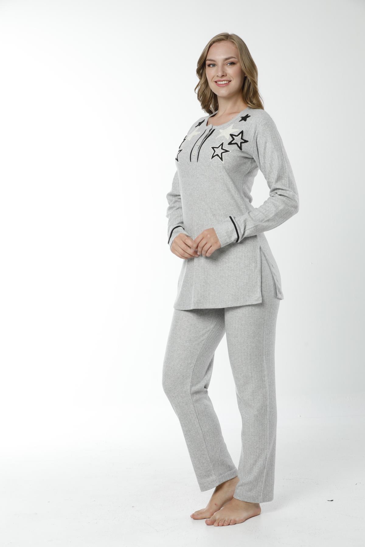 Gri Renginde Yıldız Nakışlı Uzun Kollu Kadın Pijama Takımı