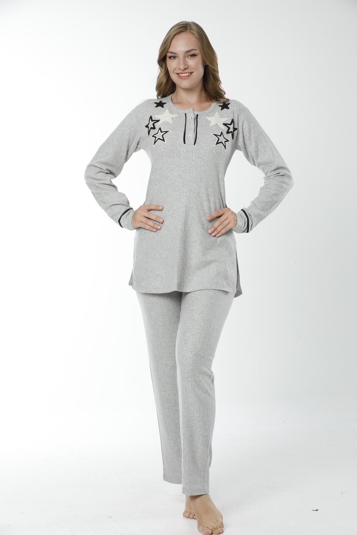 Gri Renginde Yıldız Nakışlı Uzun Kollu Kadın Pijama Takımı