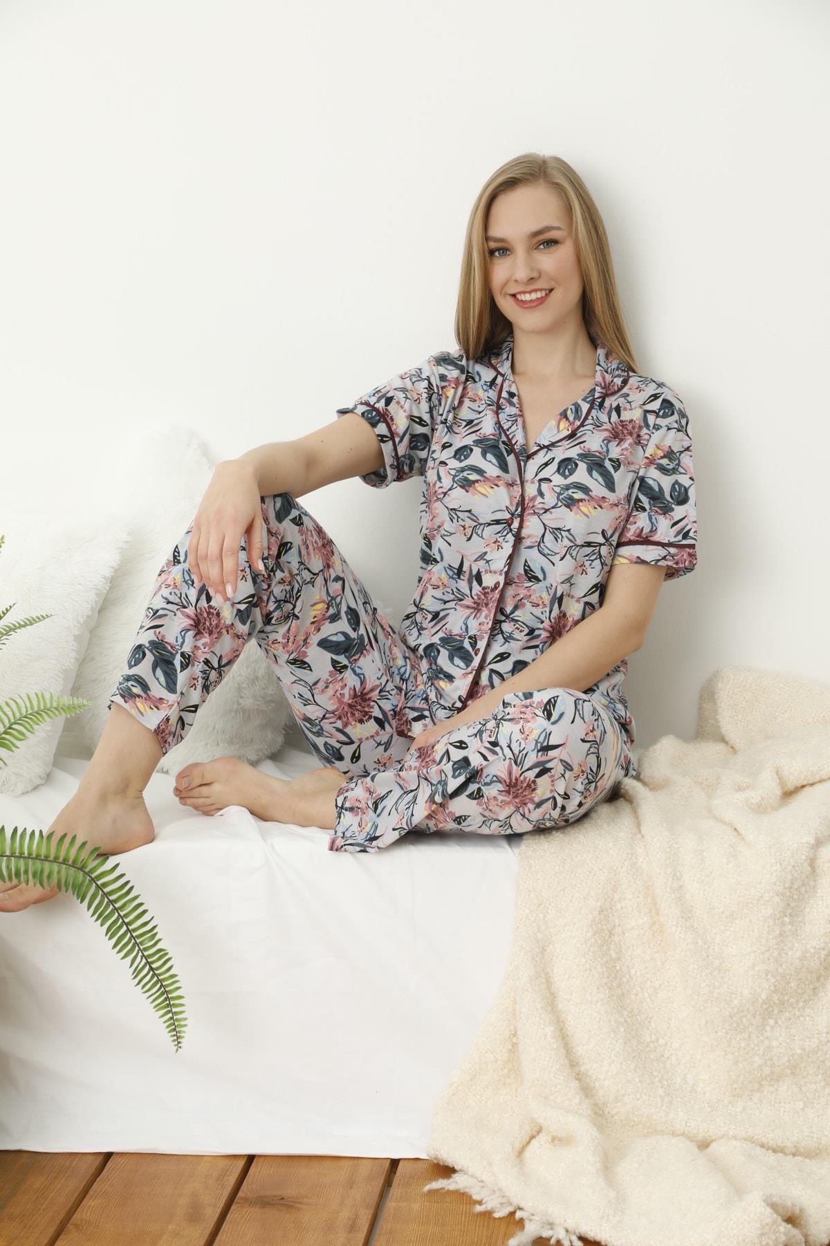 Mavi Çiçek Desenli Önden Düğmeli Uzun Paça Pantolon Pijama Takımı