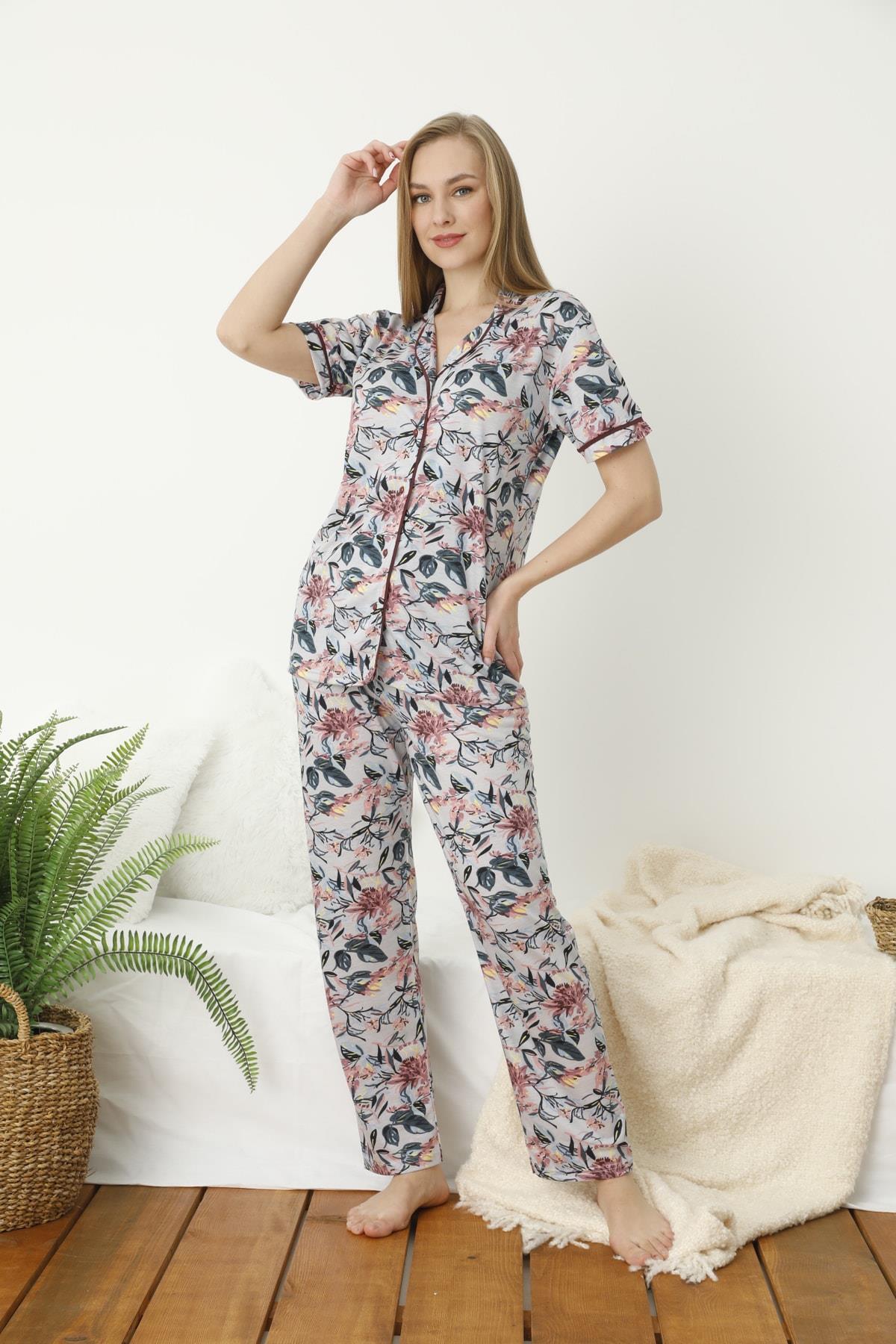 Mavi Çiçek Desenli Önden Düğmeli Uzun Paça Pantolon Pijama Takımı