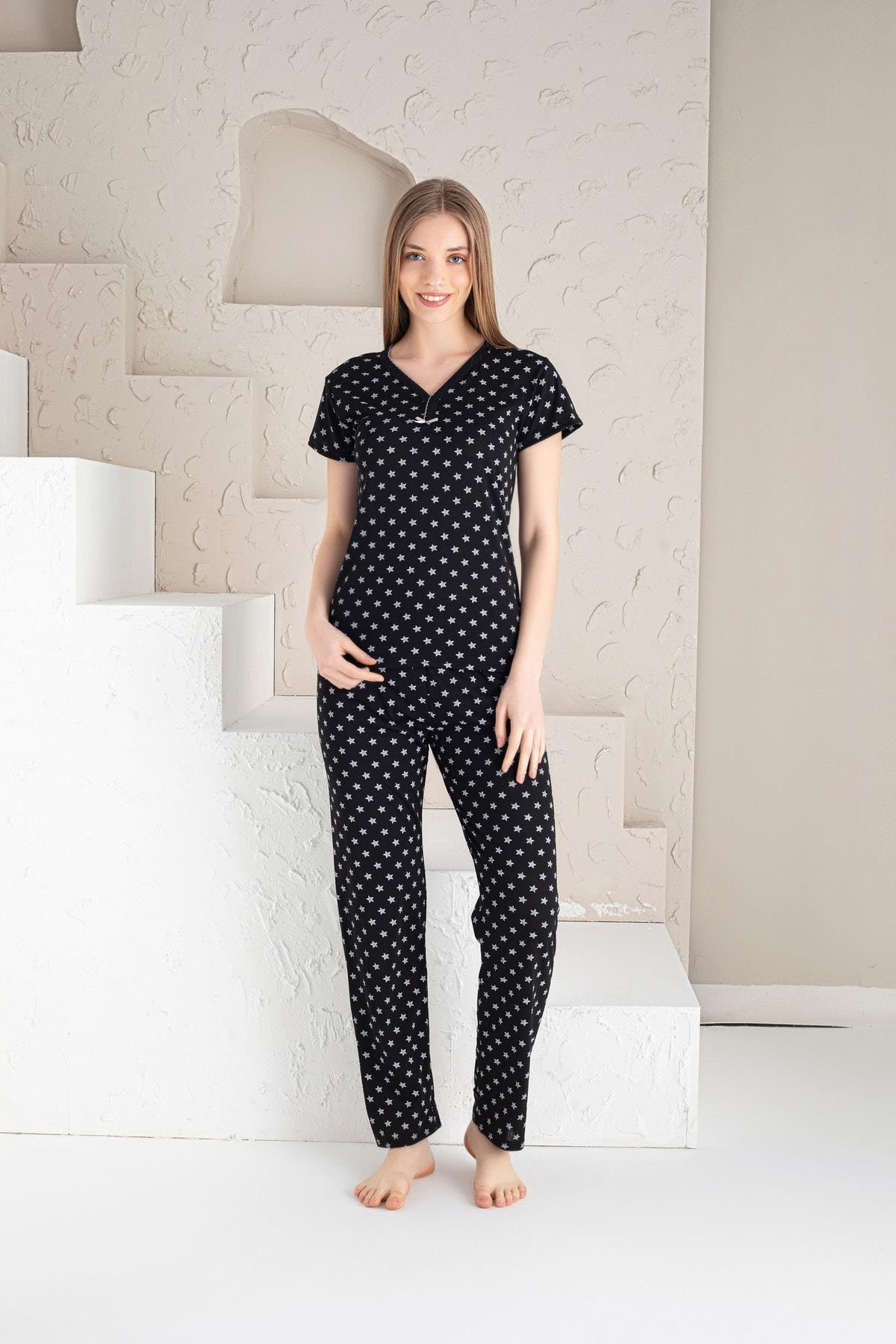 Siyah Yıldız Desenli Pijama Takımı