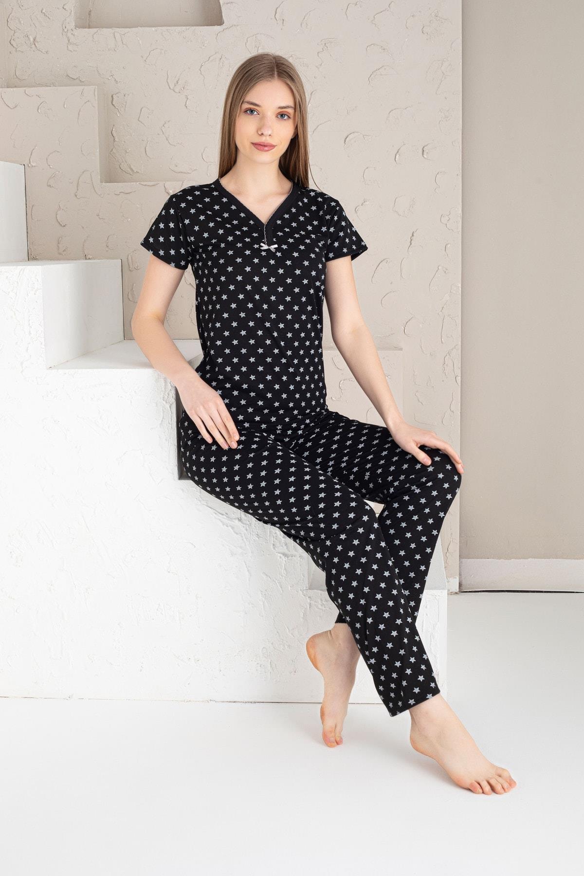Siyah Yıldız Desenli Pijama Takımı