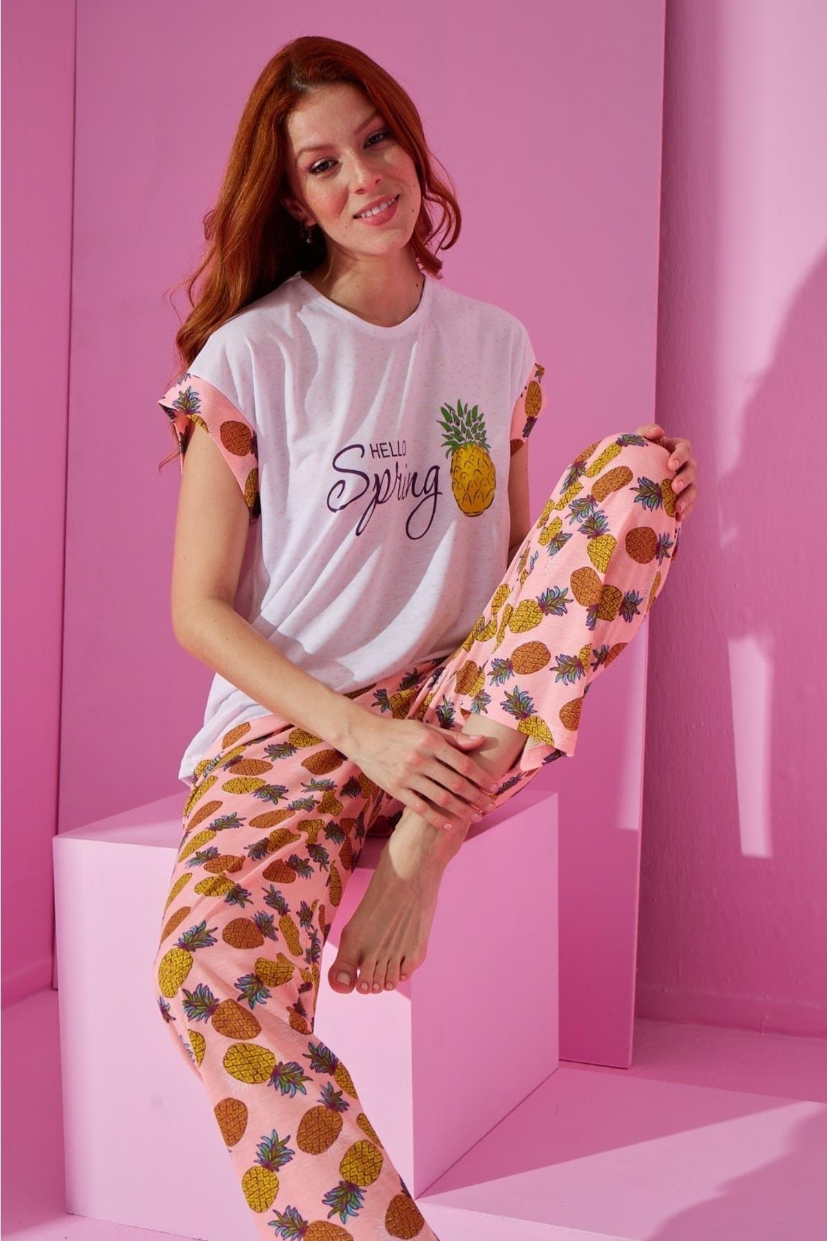 Somon Rengi Ananas Desenli Pijama Takımı
