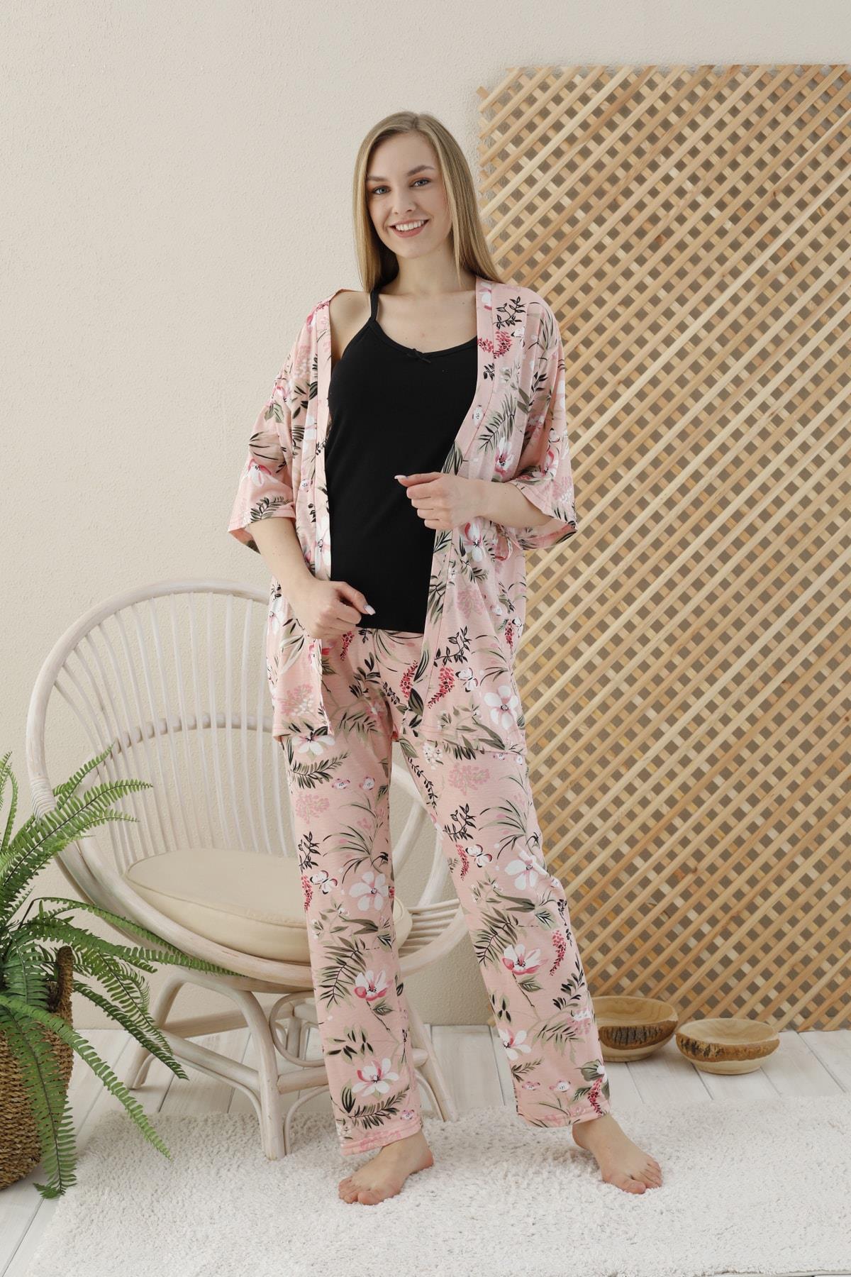 Somon Rengi Çiçek Baskılı 3 lü sabahlıklı Pijama Takımı