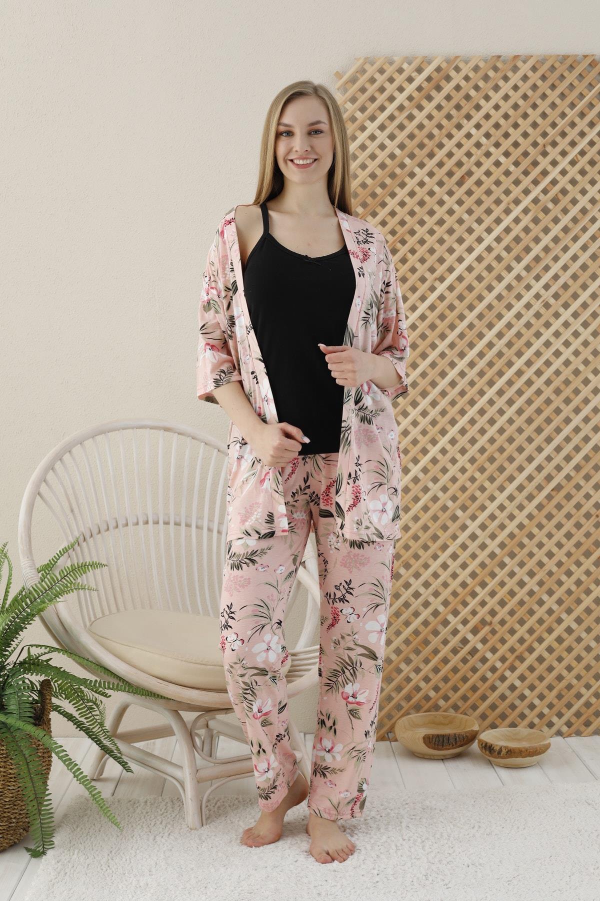 Somon Rengi Çiçek Baskılı 3 lü sabahlıklı Pijama Takımı