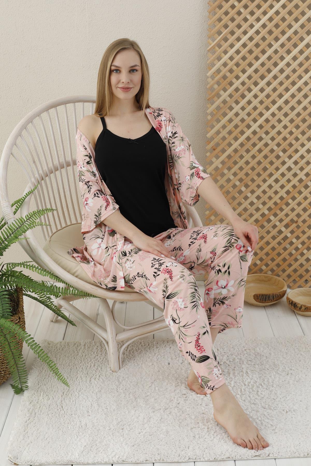 Somon Rengi Çiçek Baskılı 3 lü sabahlıklı Pijama Takımı