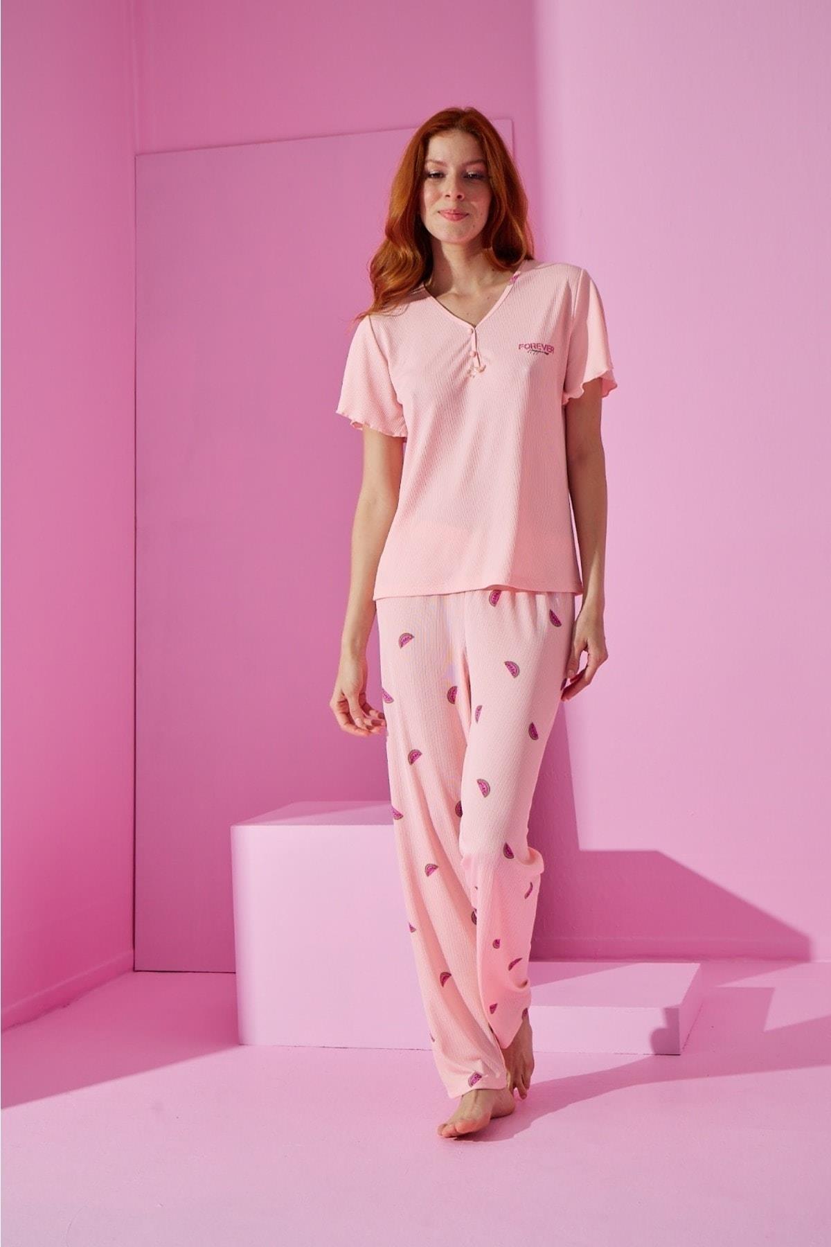 Somon Rengi Karpuz Baskılı Pijama Takımı