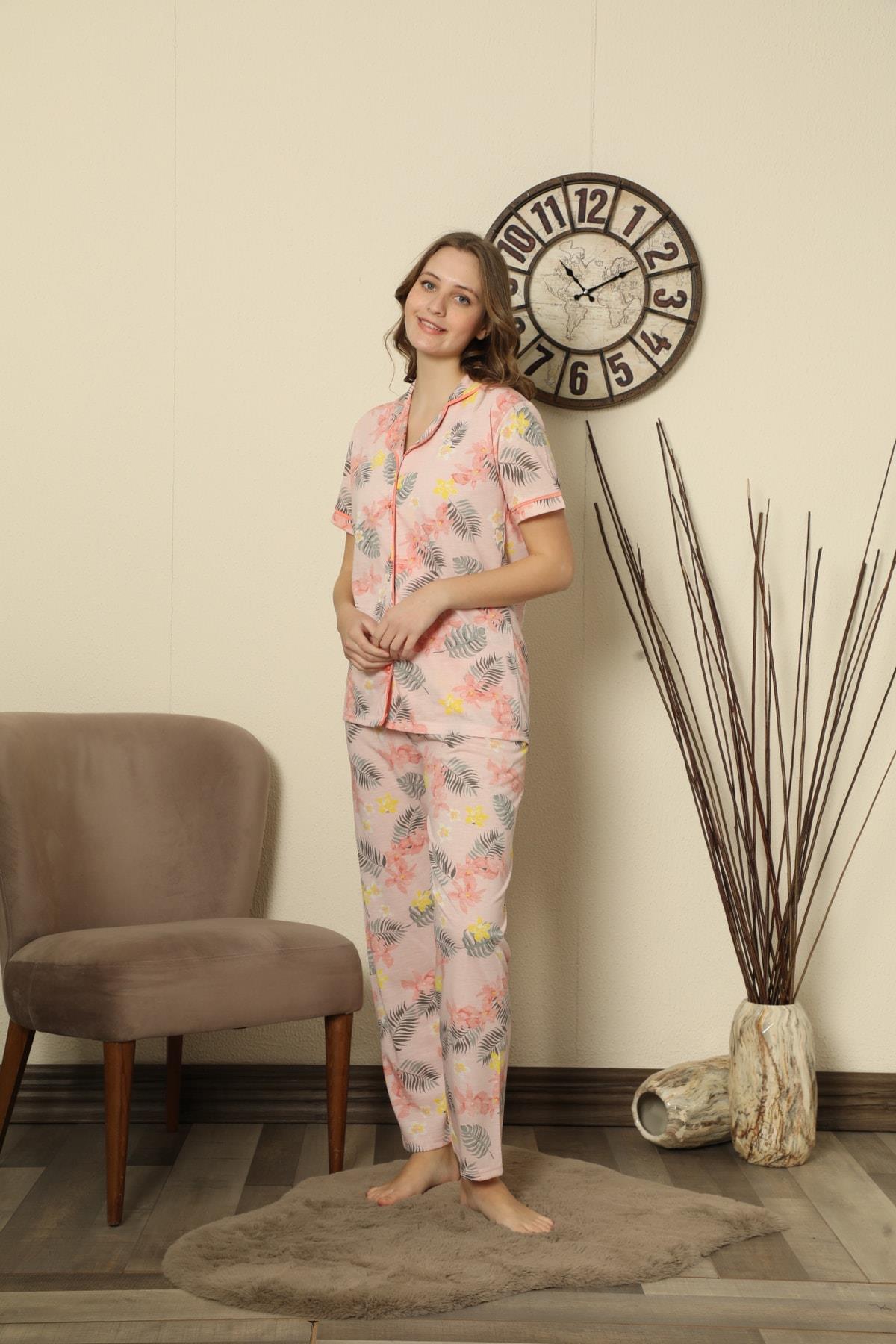 Somon Rengi Yeşil Yaprak Baskılı Önden Düğmeli Pijama Takımı