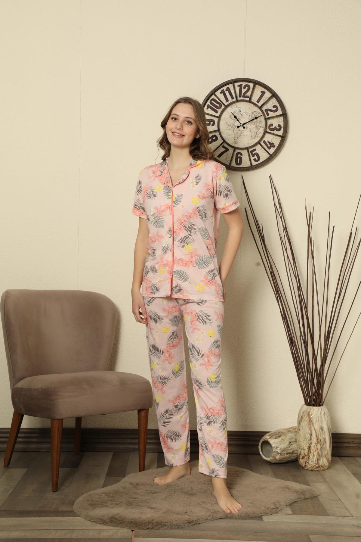Somon Rengi Yeşil Yaprak Baskılı Önden Düğmeli Pijama Takımı