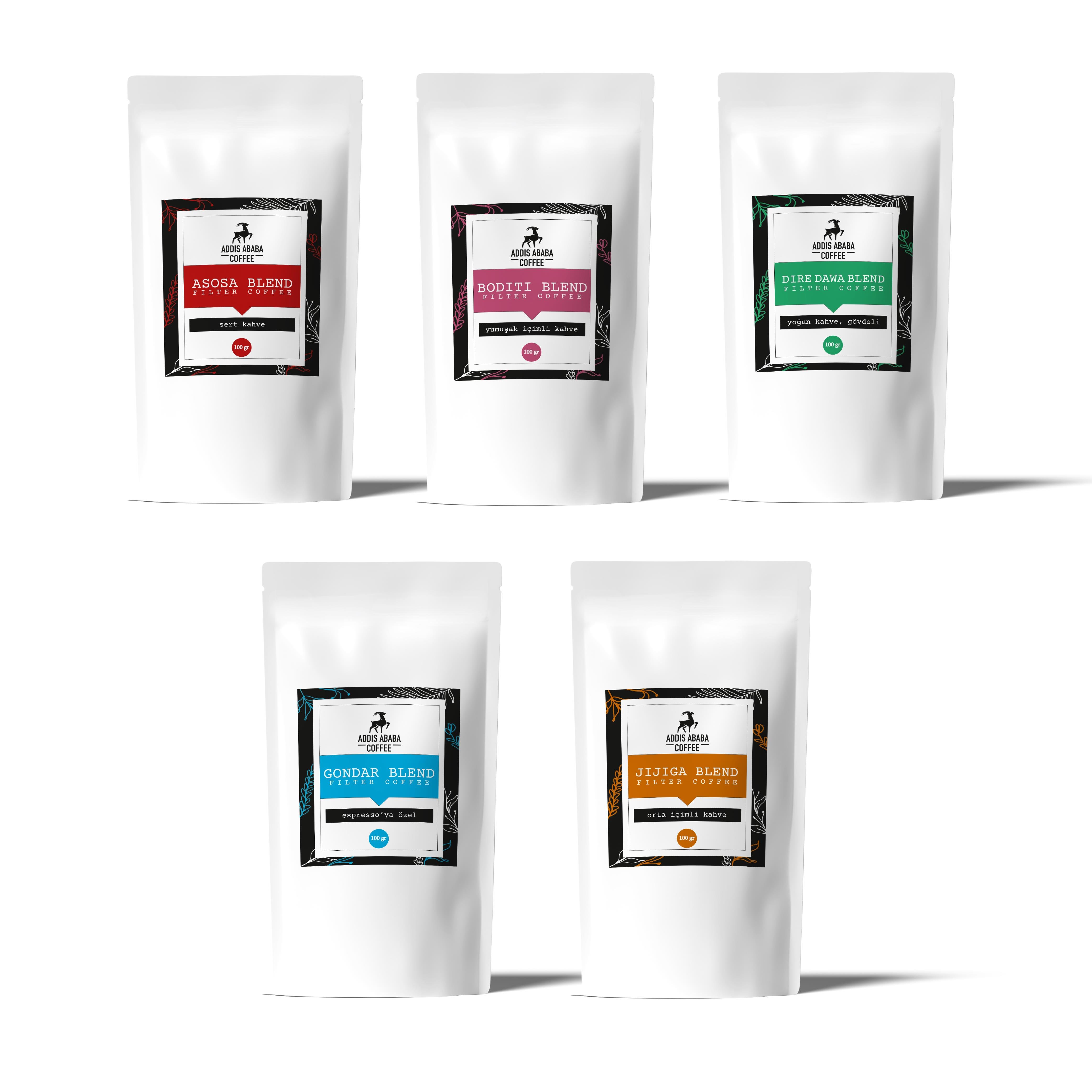 Set of 5 Ethiopian Coffee 500 Gr (5x100Gr) Roasted Beans