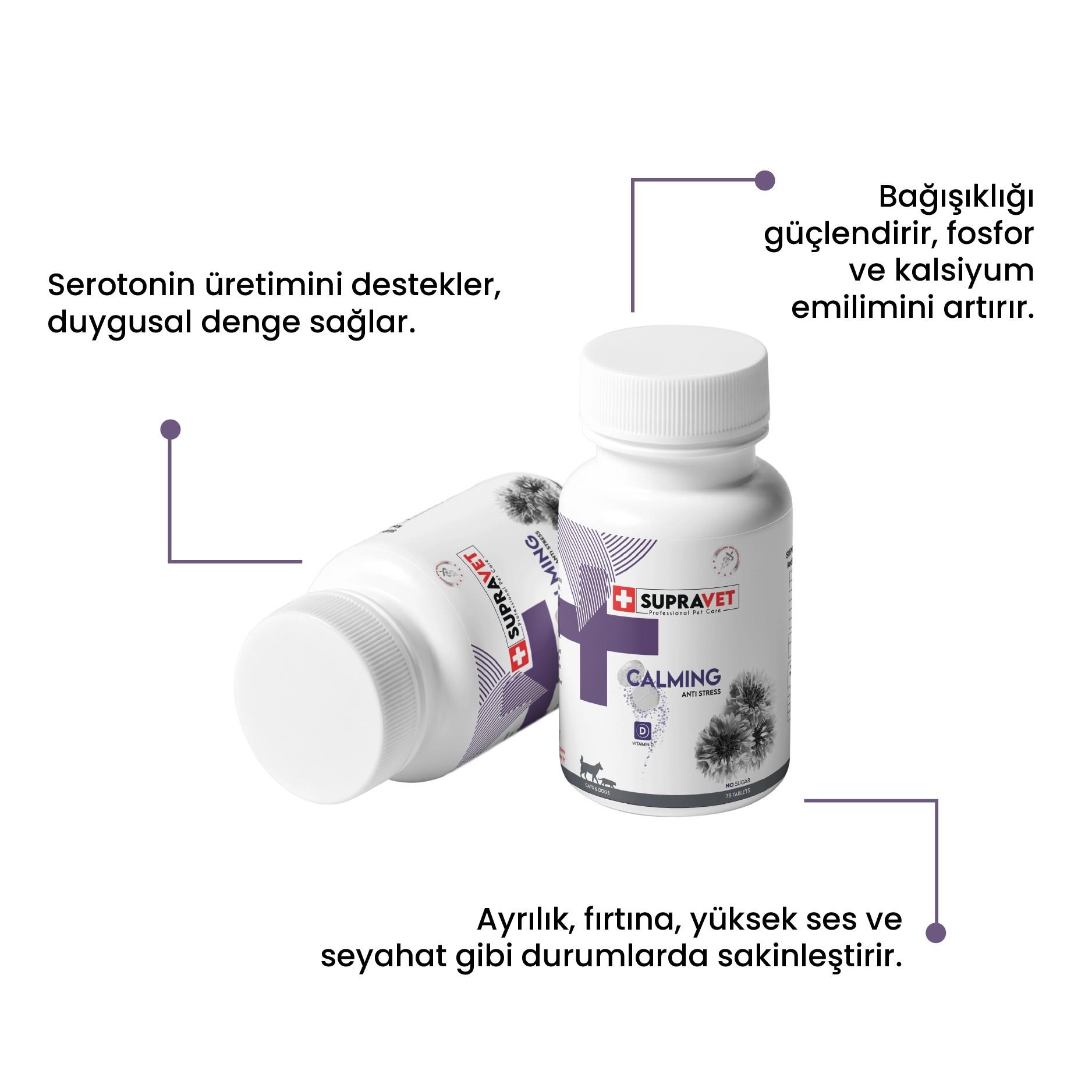 Supravet Kedi ve Köpekler için Sakinleştirici Calming Tablet + VİTAMİN D ( 75 Tablet )