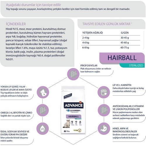 Advance Hindili Hairball Tüy Yumağı Önleyici Kısırlaştırılmış Kedi Maması 3kg