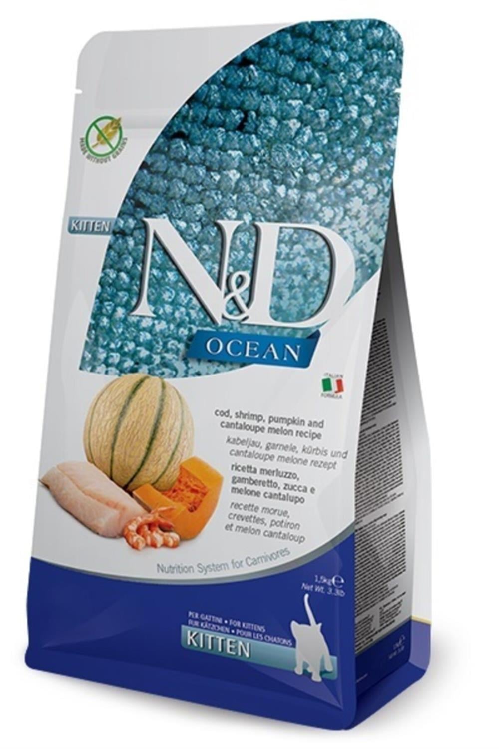 N&D Ocean Morina Balığı, Karides, Balkabağı ve Kavunlu Yavru Kuru Kedi Maması 1,5 kg