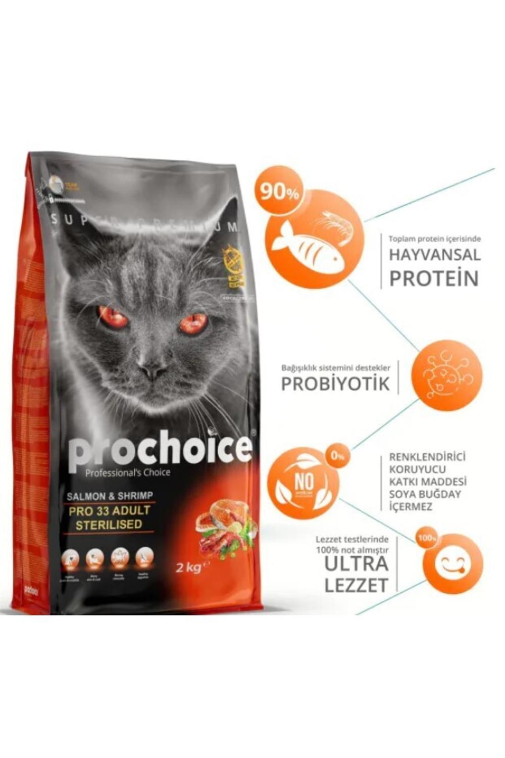 ProChoice 33 HypoAllergenic Somonlu ve Karidesli Düşük Tahıllı Kısırlaştırılmış Kedi Maması 2kg