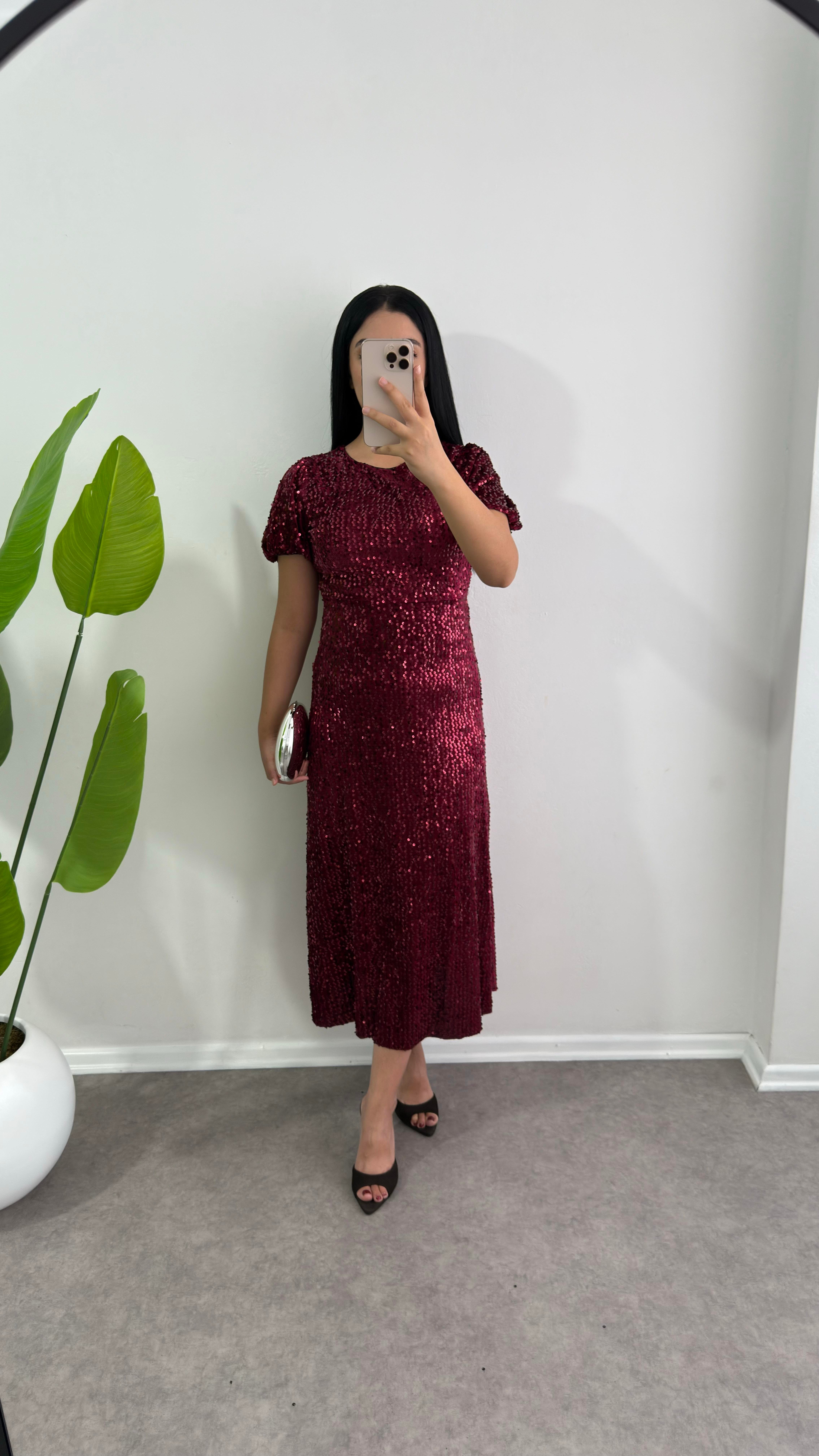 Asmil Payetli Bordo Elbise