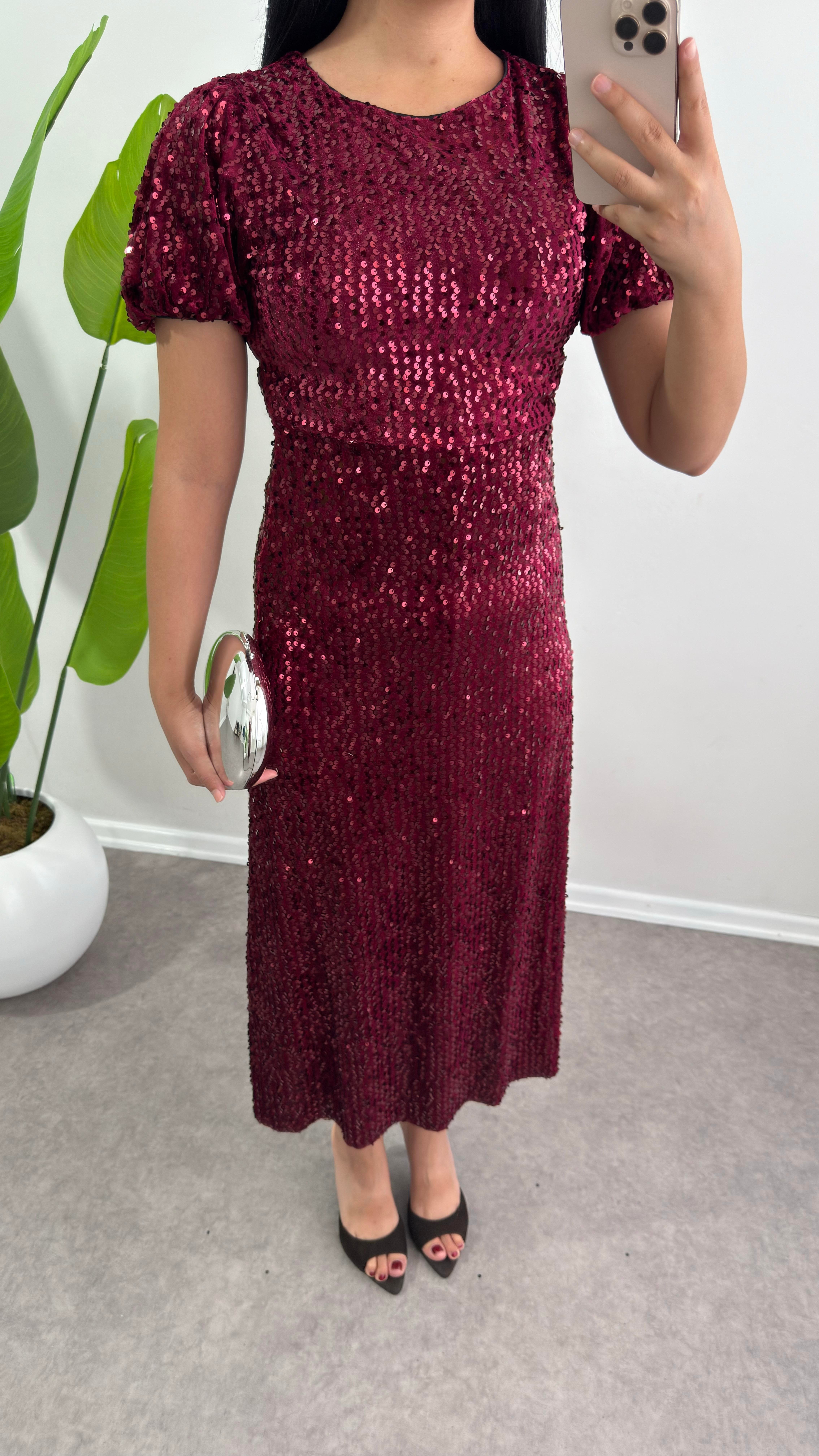 Asmil Payetli Bordo Elbise