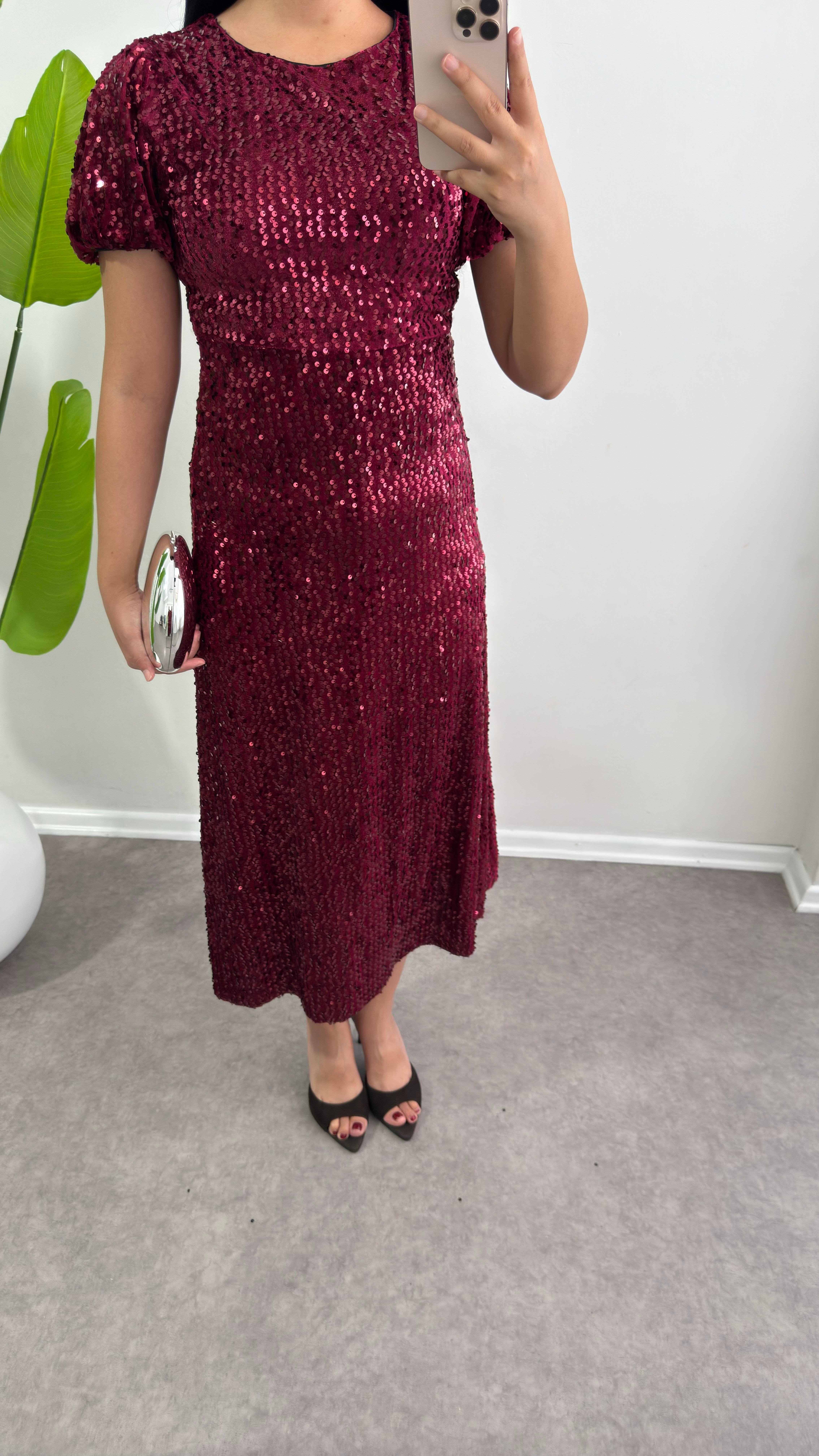 Asmil Payetli Bordo Elbise