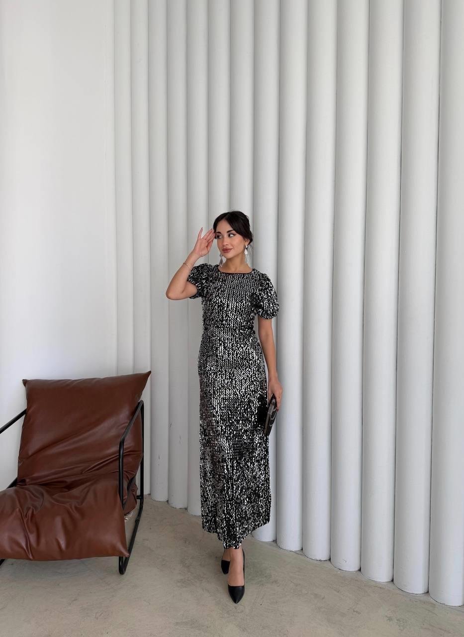 Asmil Payetli Gümüş Elbise