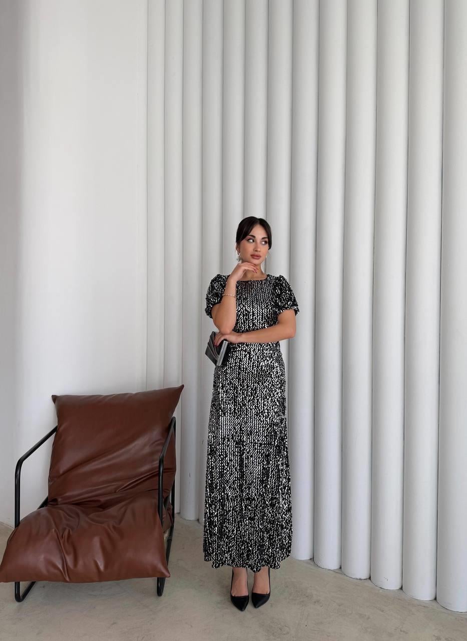 Asmil Payetli Gümüş Elbise