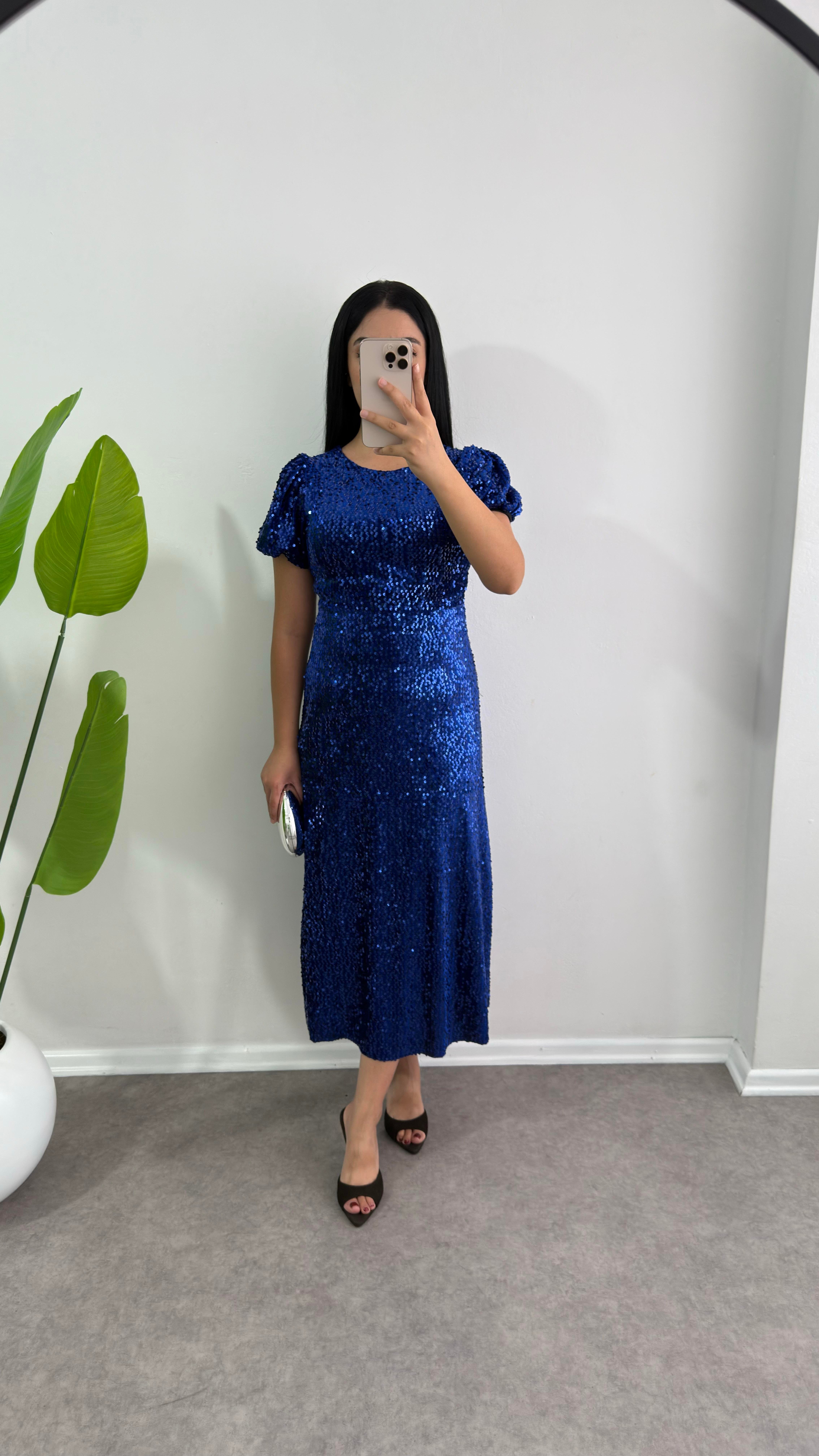 Asmil Payetli Mavi Elbise