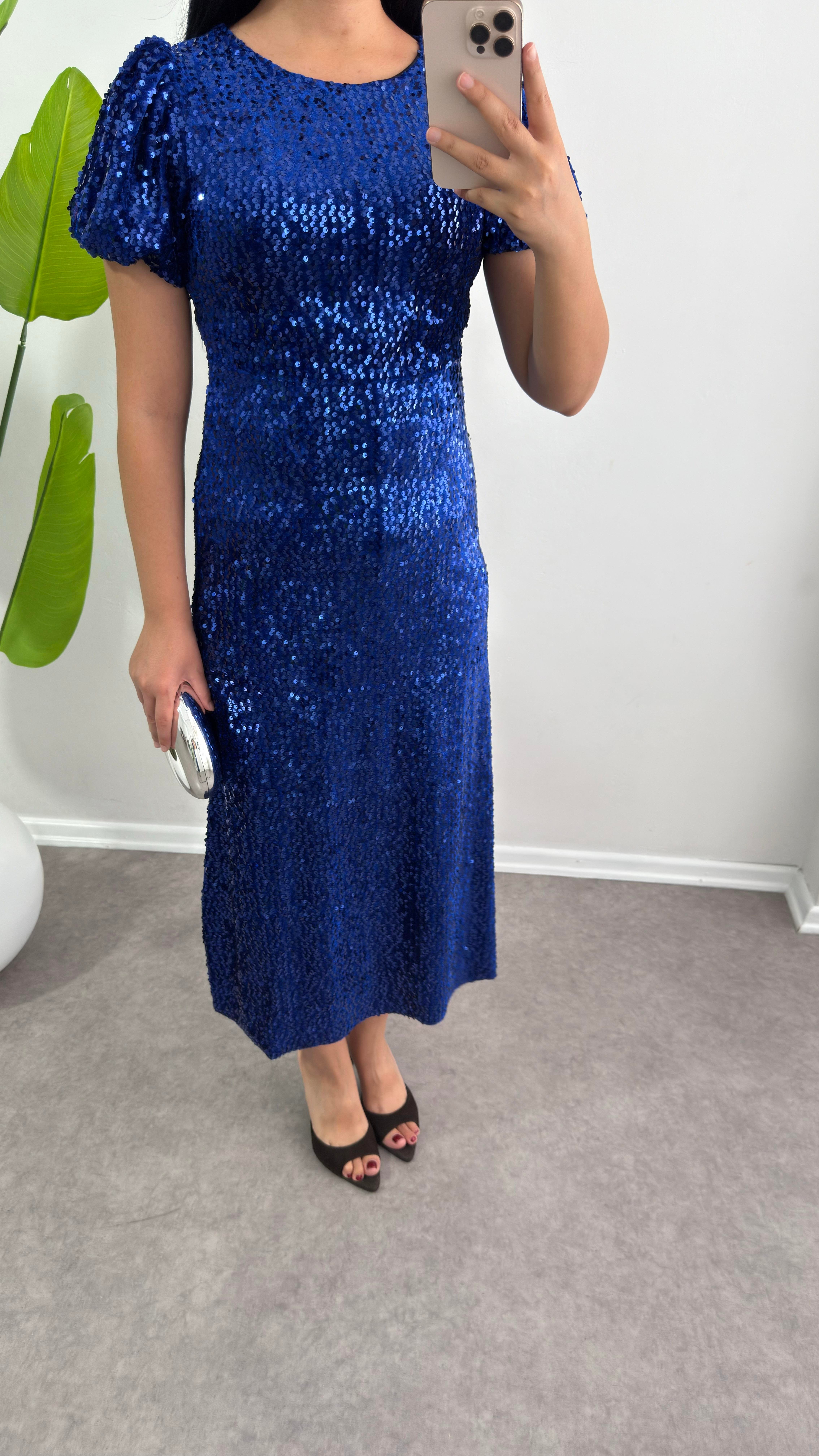 Asmil Payetli Mavi Elbise