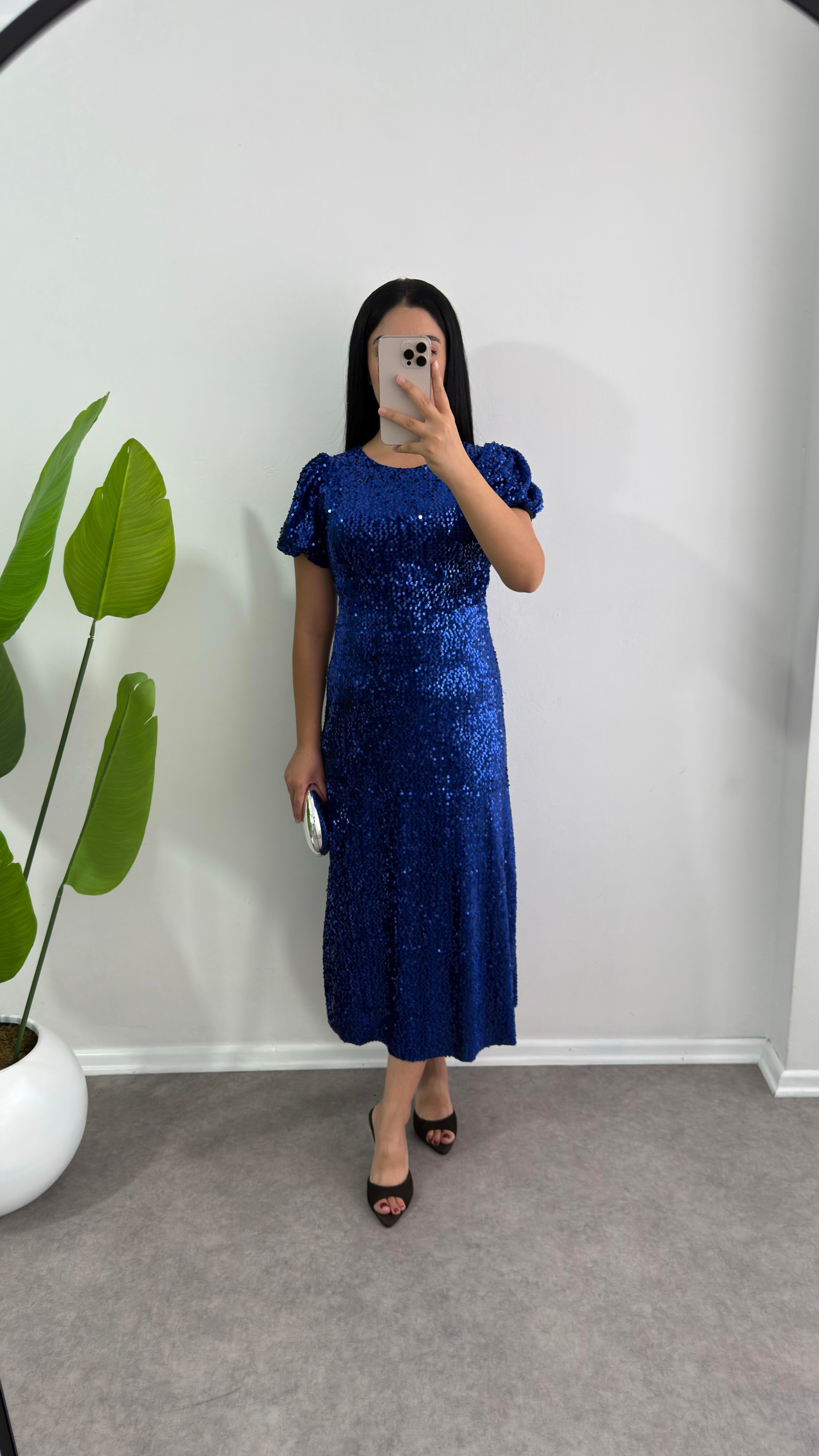 Asmil Payetli Mavi Elbise