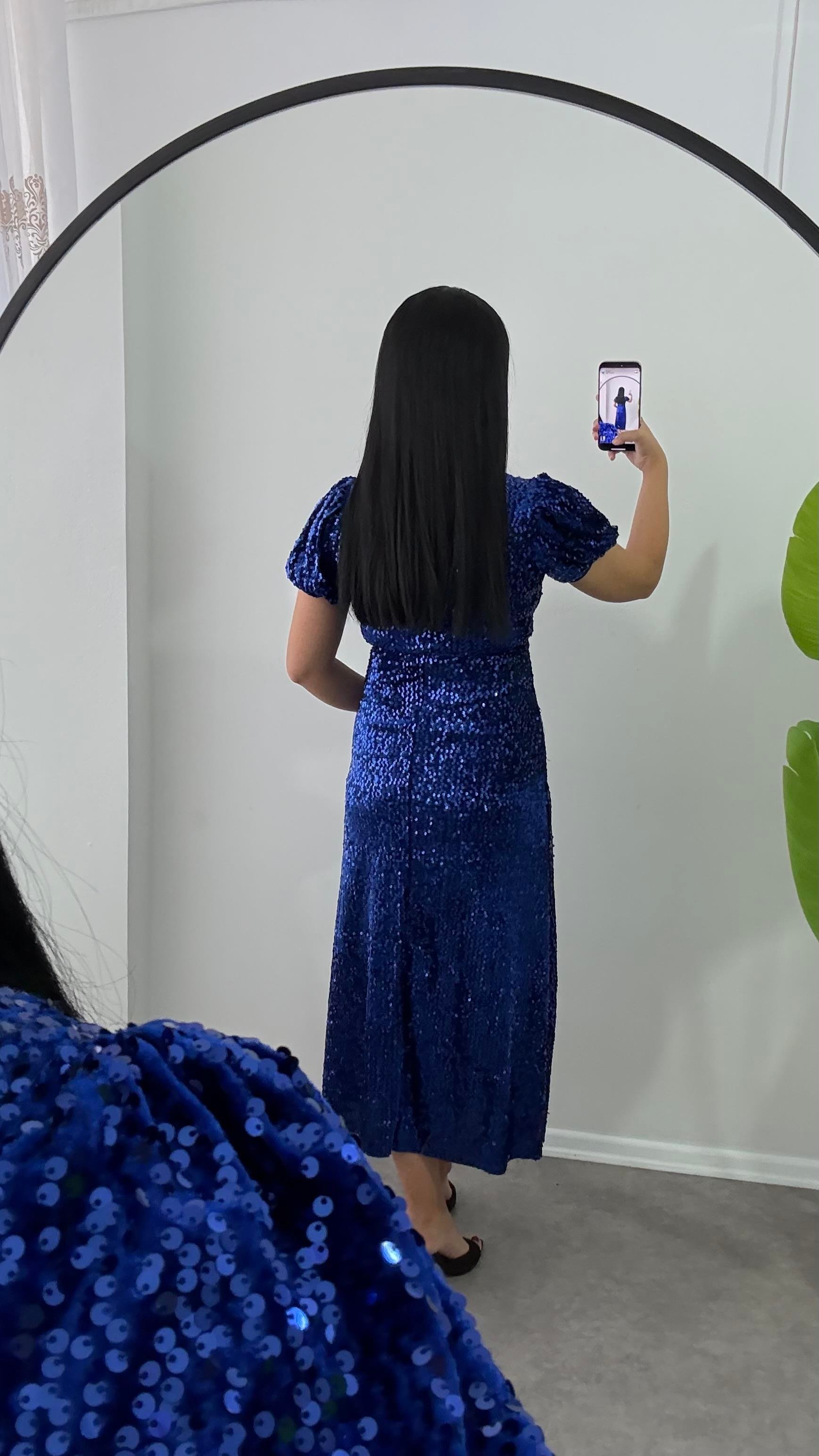 Asmil Payetli Mavi Elbise