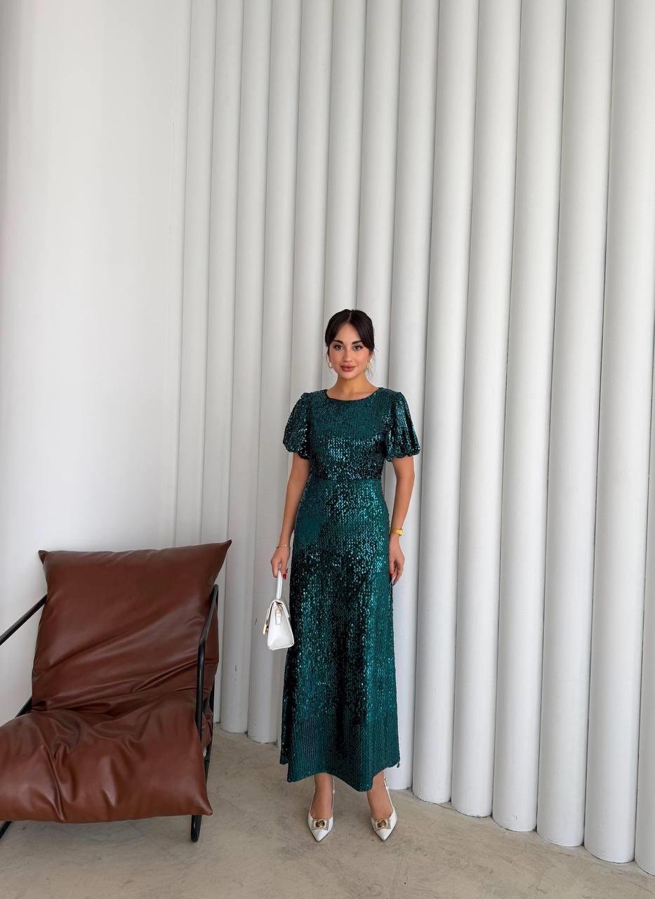 Asmil Payetli Yeşil Elbise