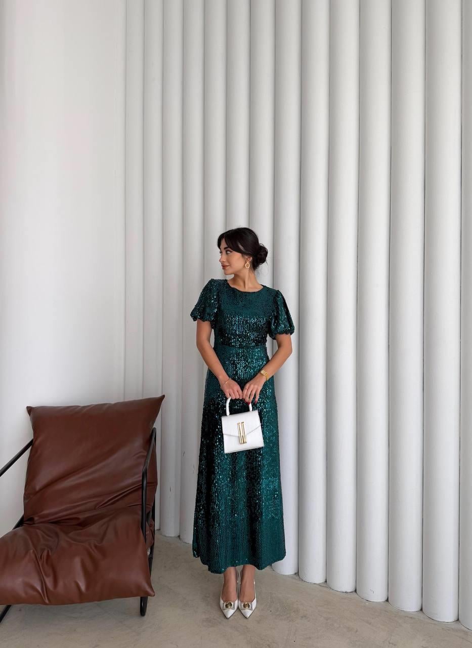 Asmil Payetli Yeşil Elbise