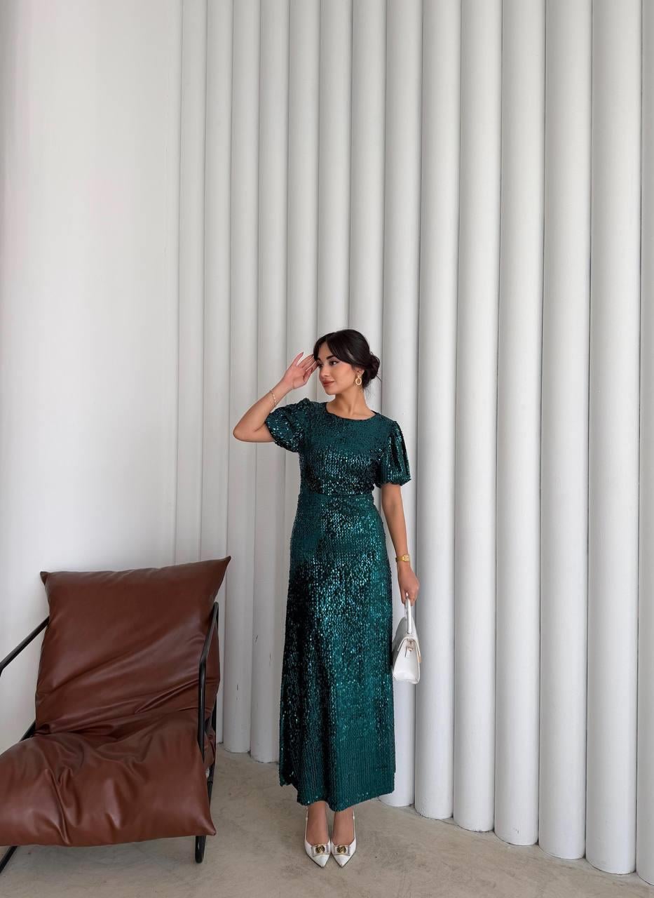 Asmil Payetli Yeşil Elbise