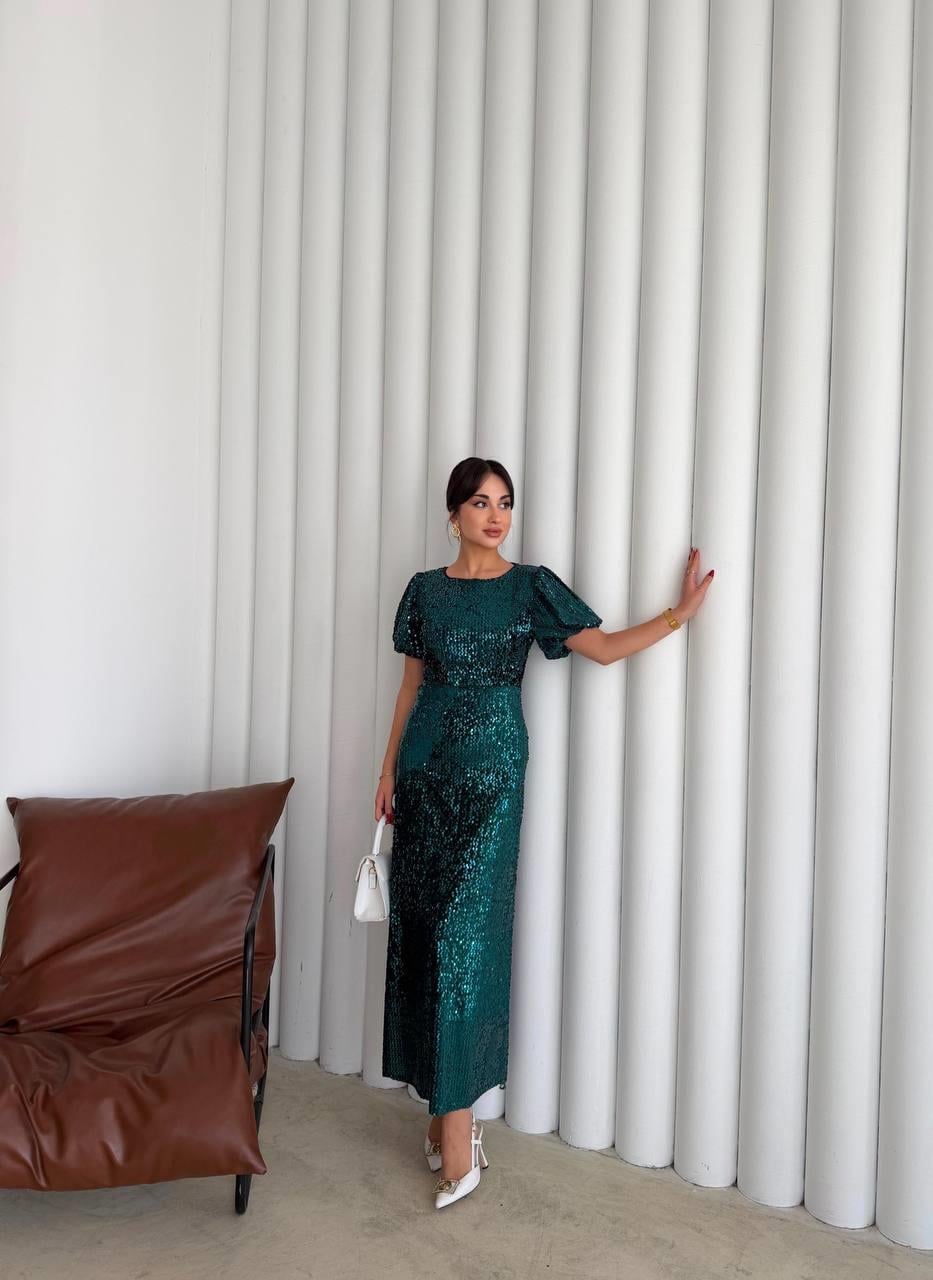 Asmil Payetli Yeşil Elbise