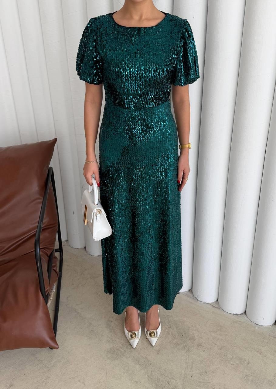 Asmil Payetli Yeşil Elbise