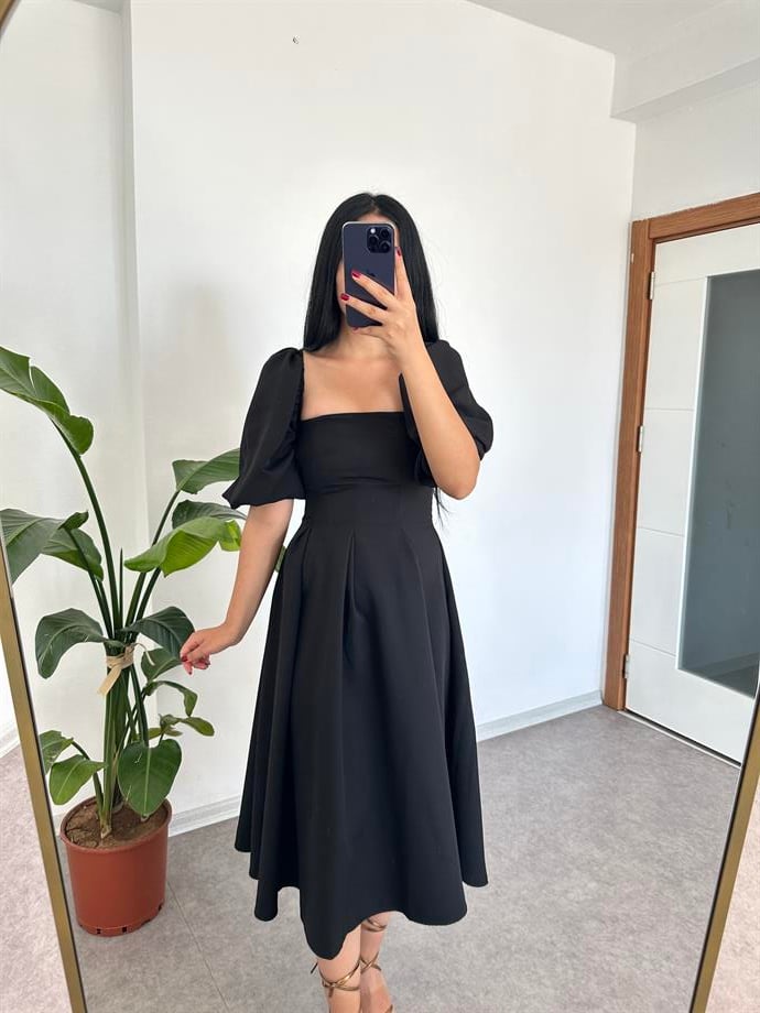 Balon kol kare yaka elbise