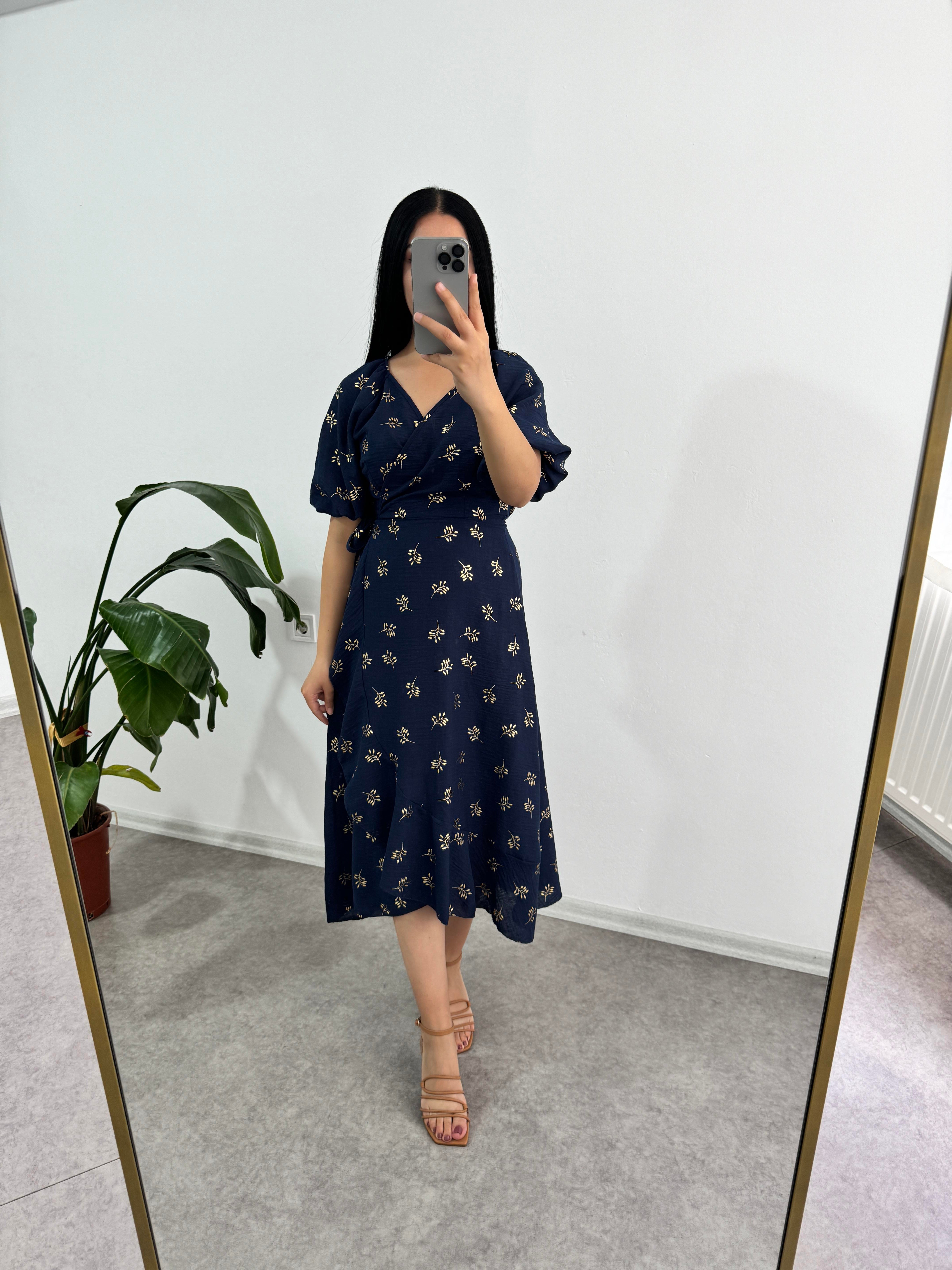 Balon Kol Lacivert Elbise