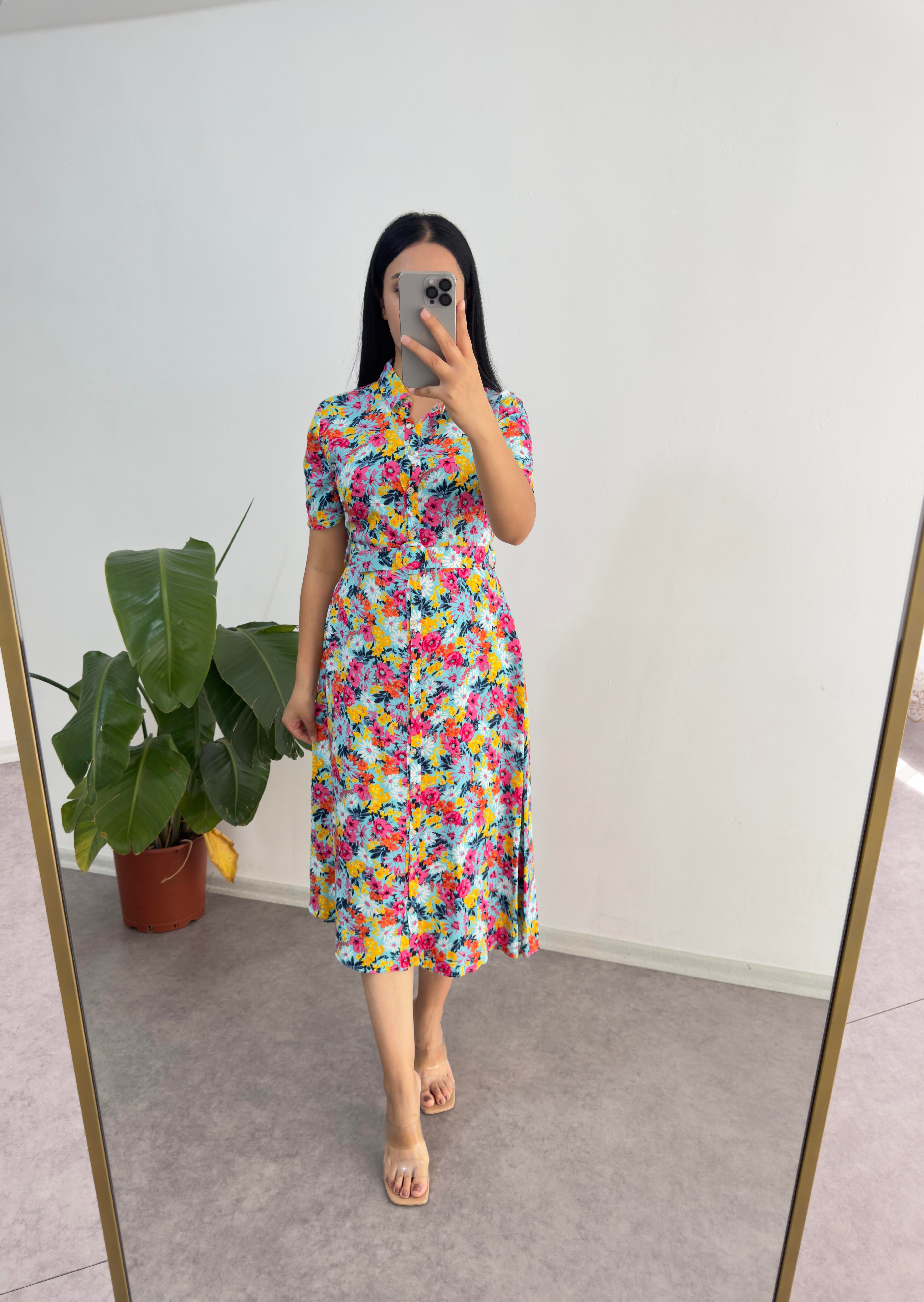 Çiçekli Viskon Mavi Elbise