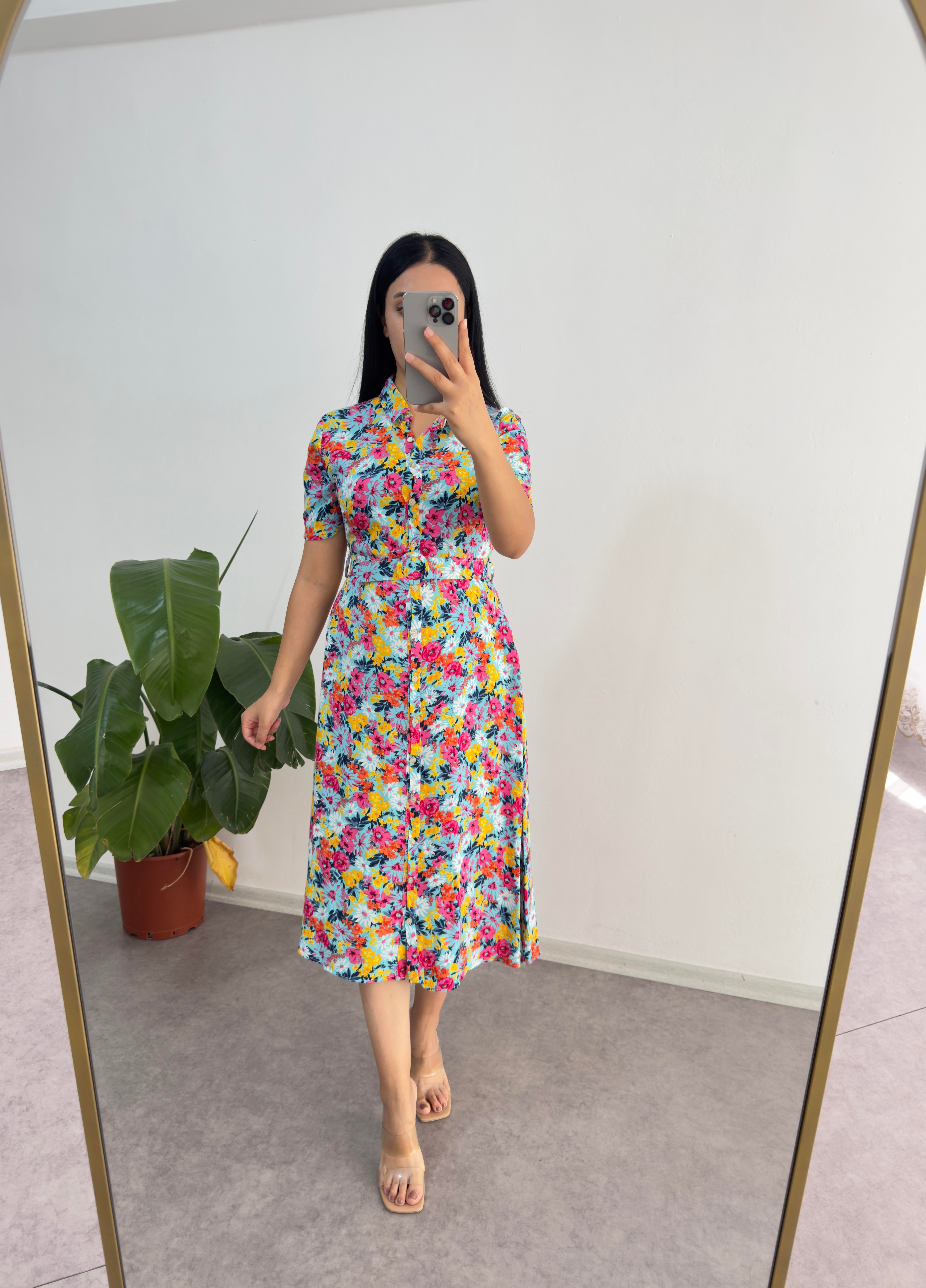 Çiçekli Viskon Mavi Elbise