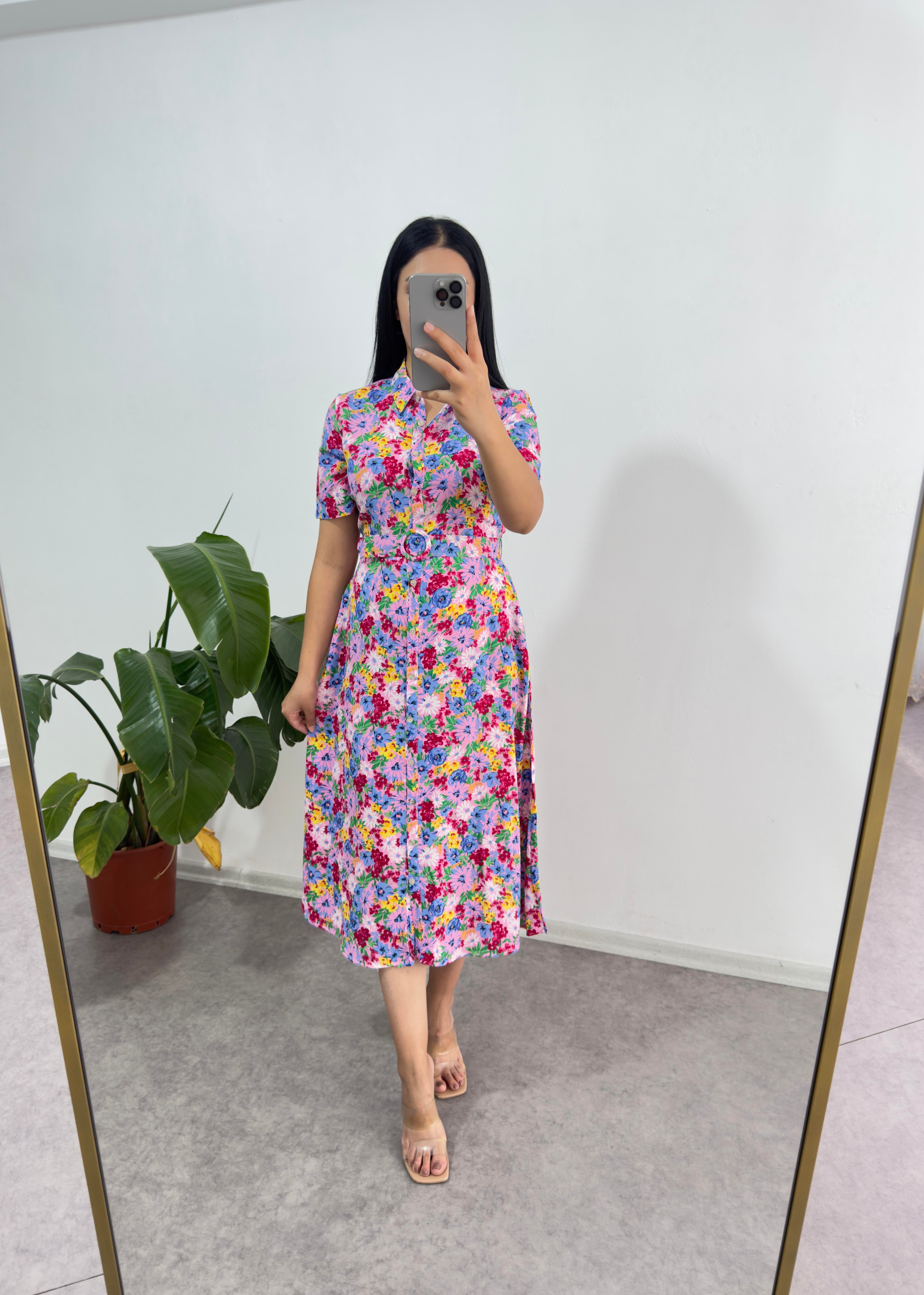 Çiçekli Viskon Pembe Elbise