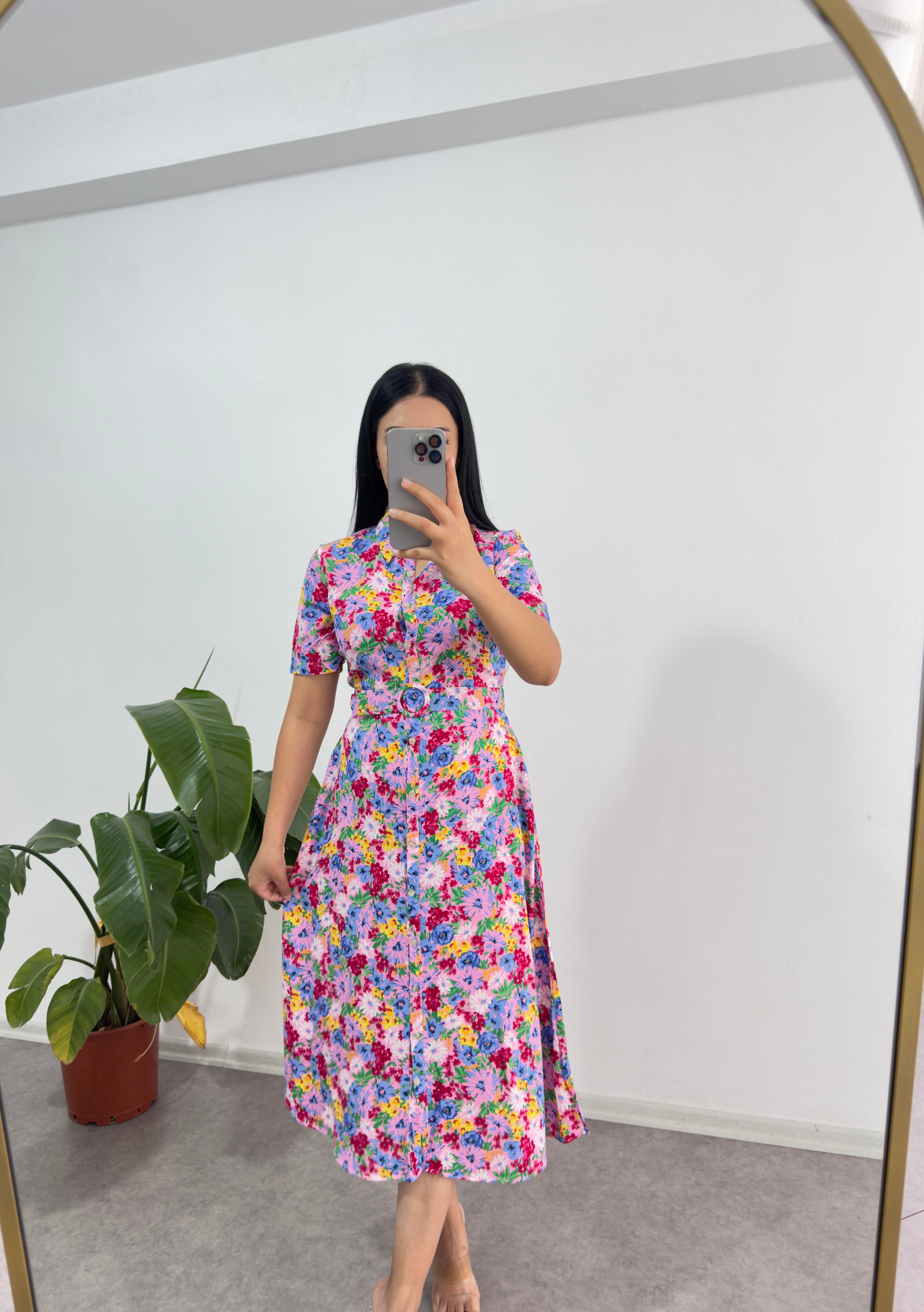 Çiçekli Viskon Pembe Elbise