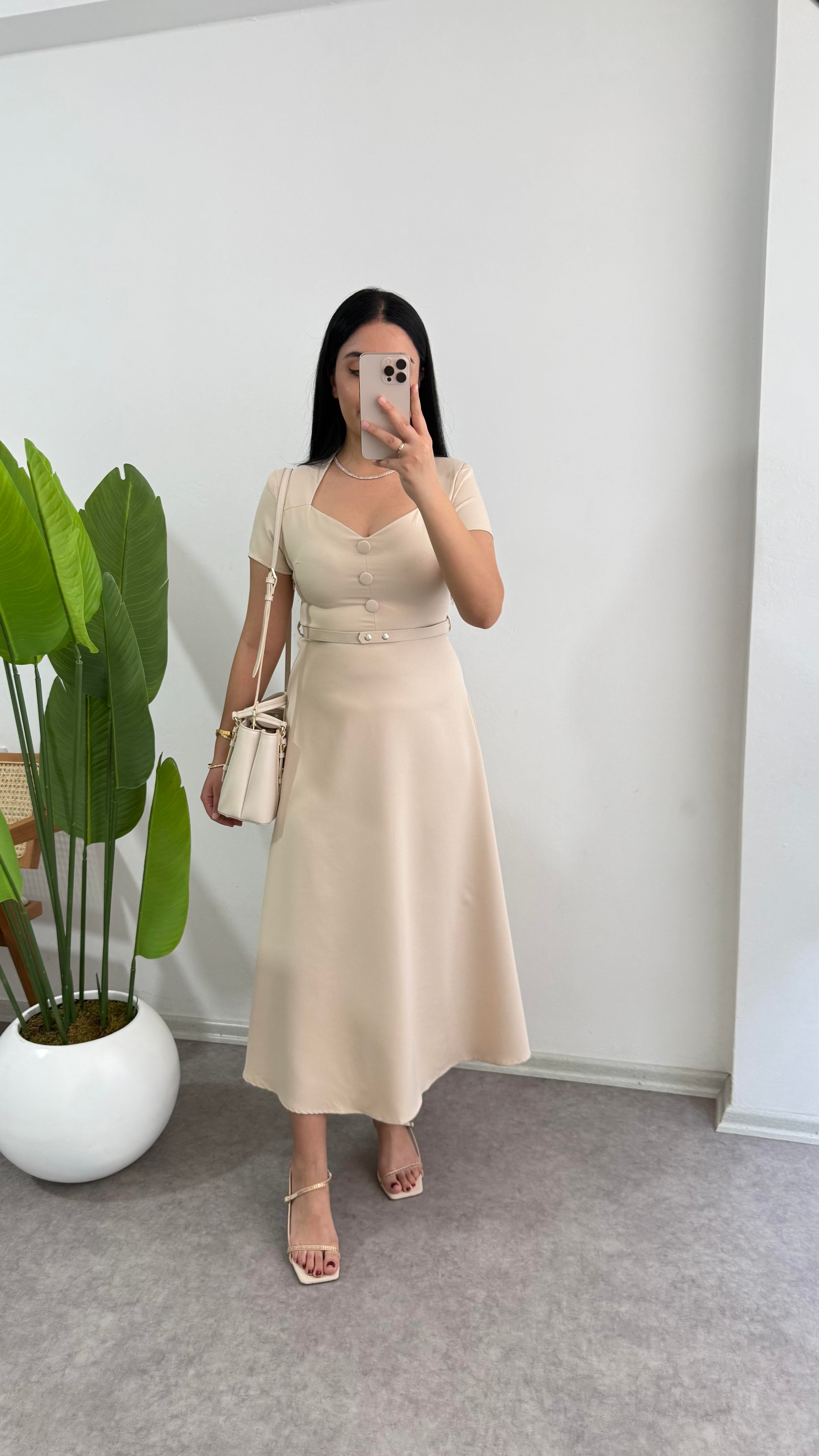 Disa Krem Krep Kumaş Elbise