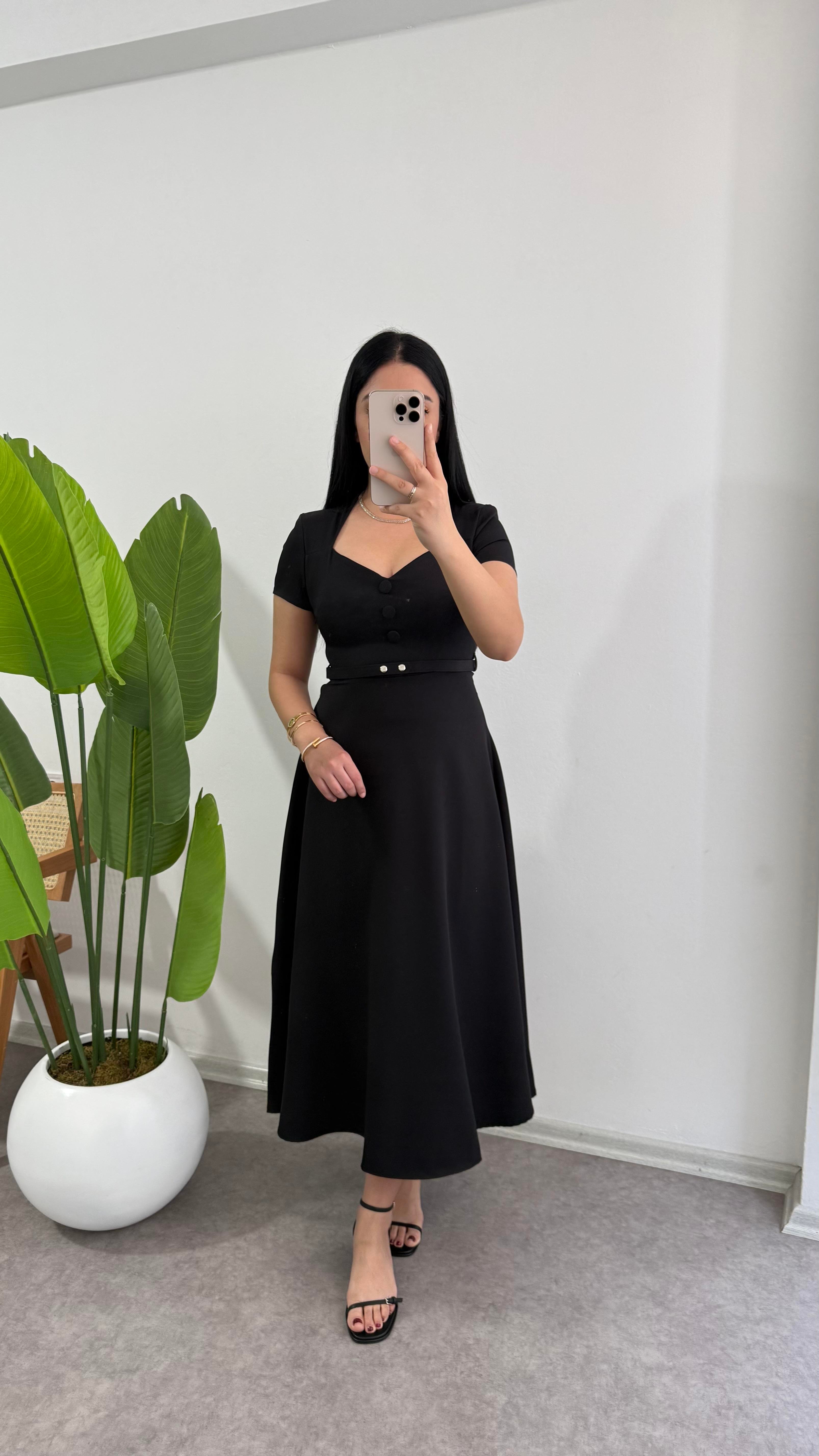 Disa Siyah Krep Kumaş Elbise 