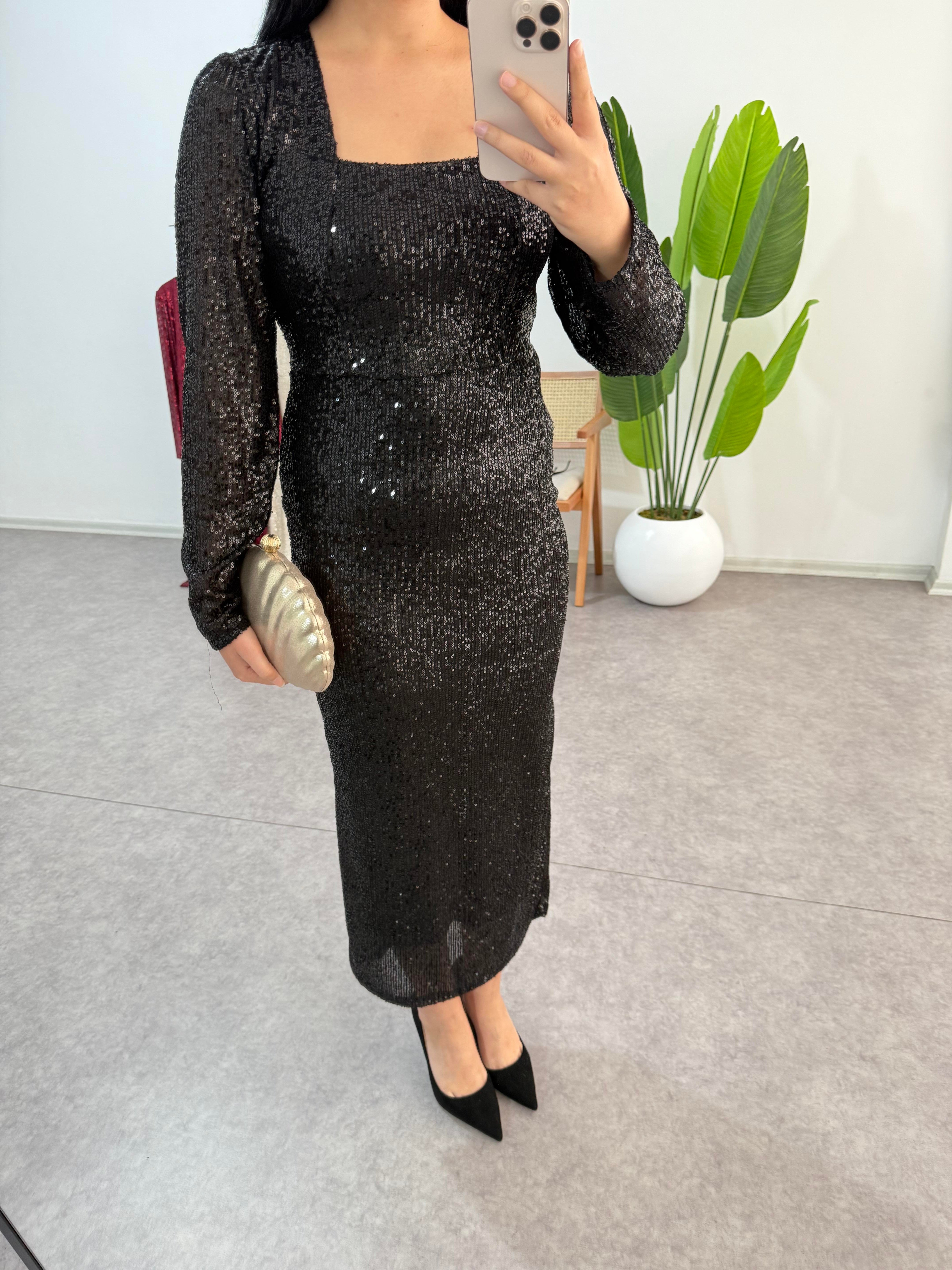 Dora Siyah Payetli Elbise