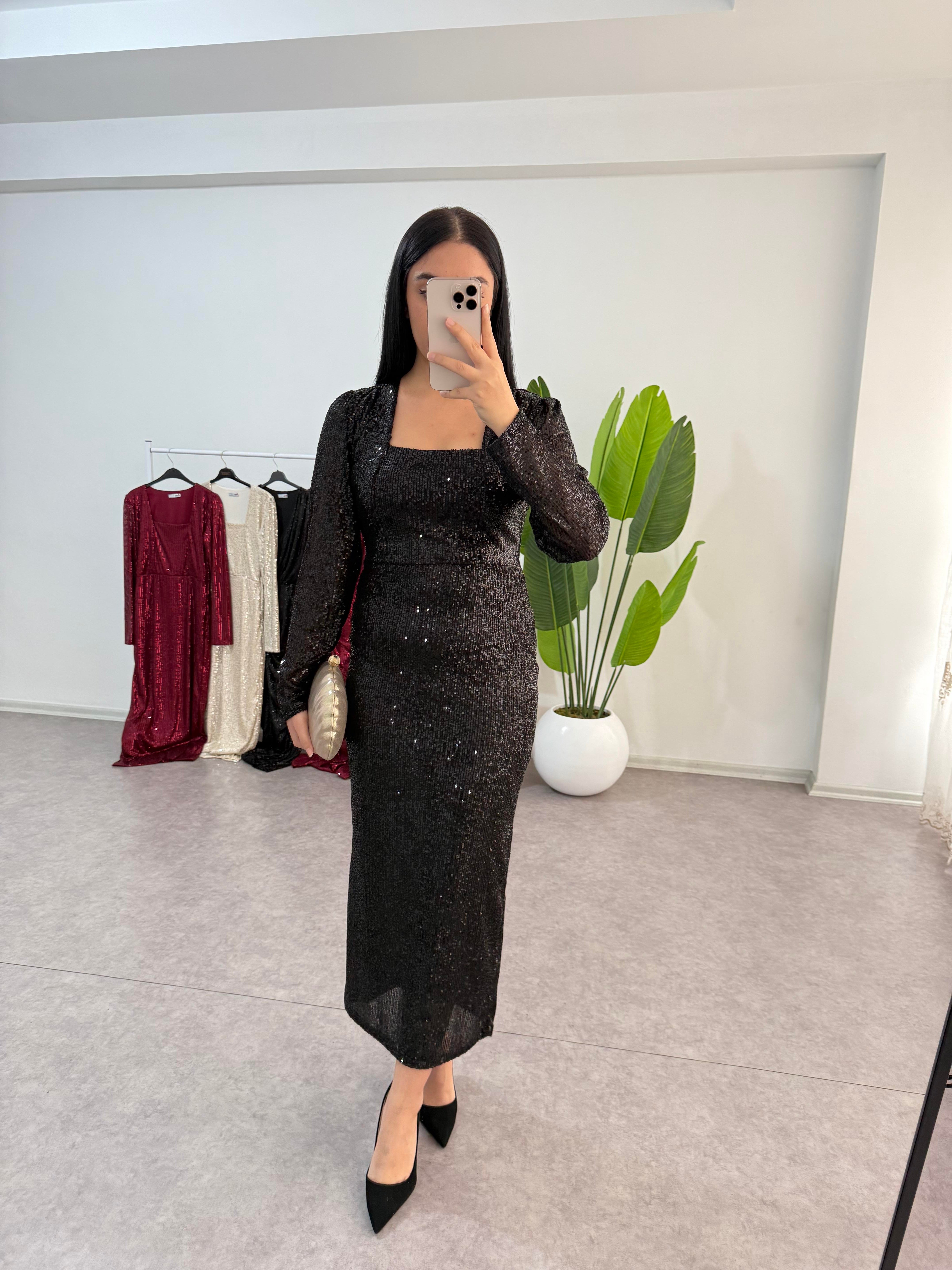 Dora Siyah Payetli Elbise