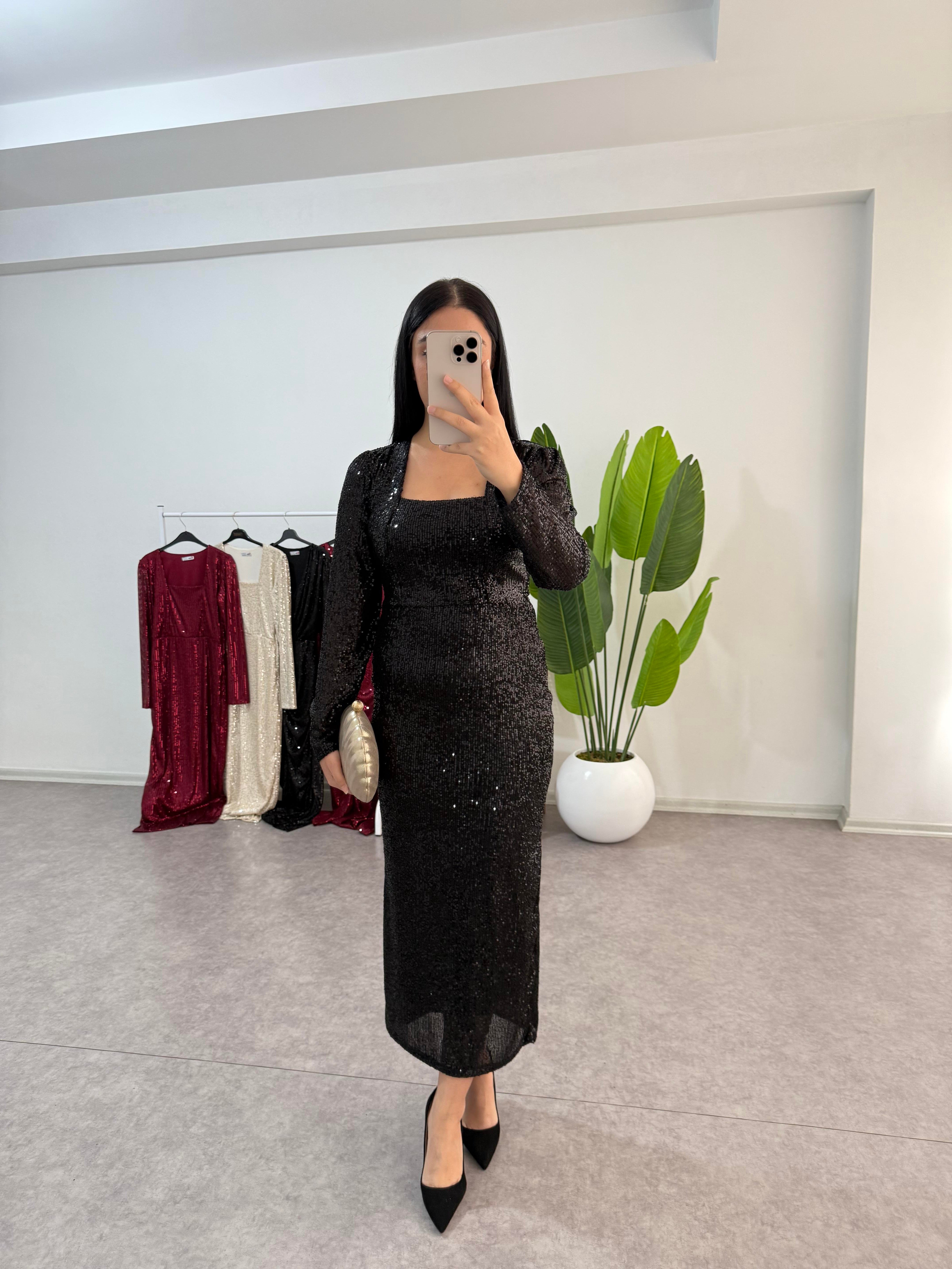 Dora Siyah Payetli Elbise