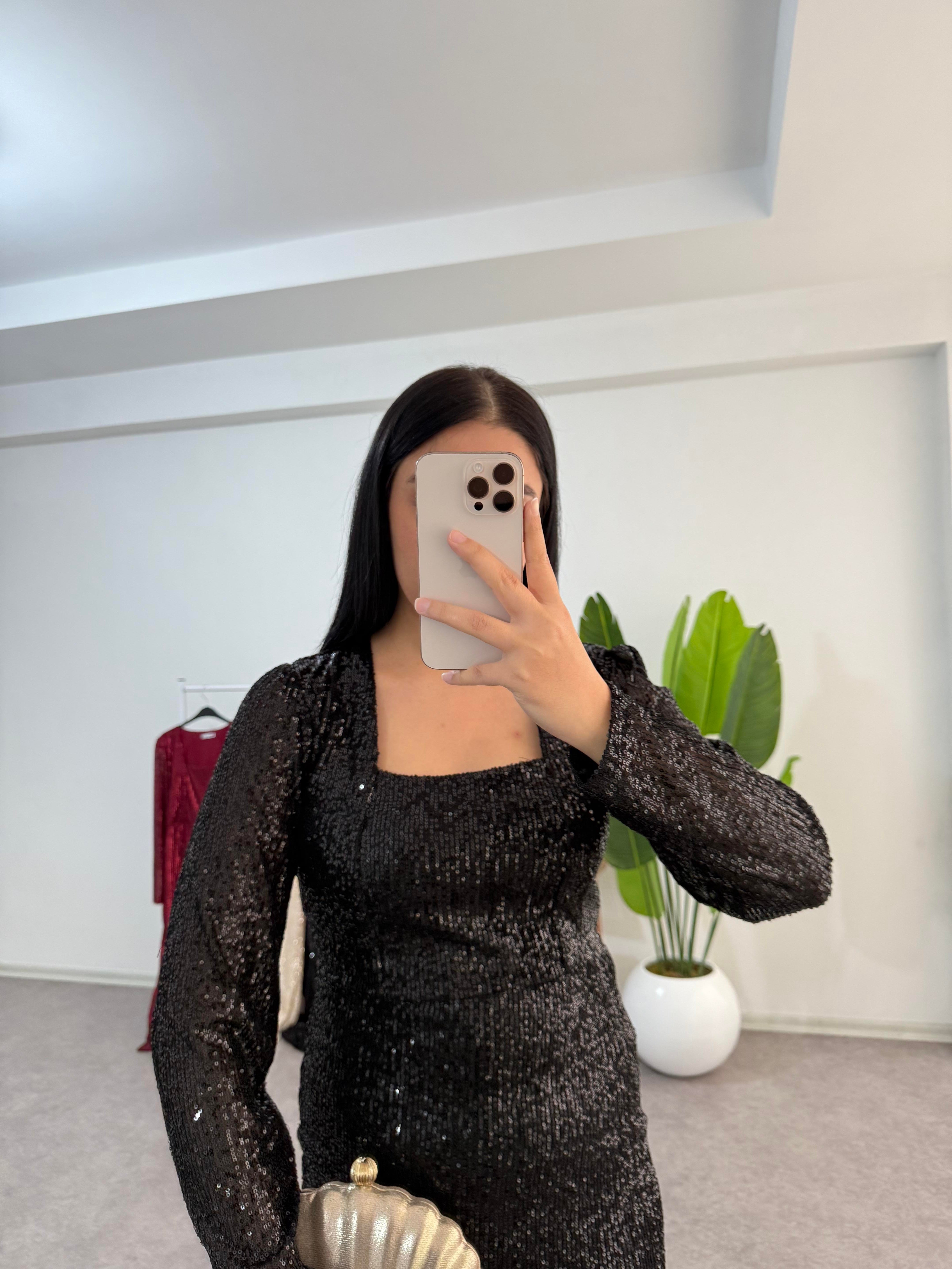 Dora Siyah Payetli Elbise