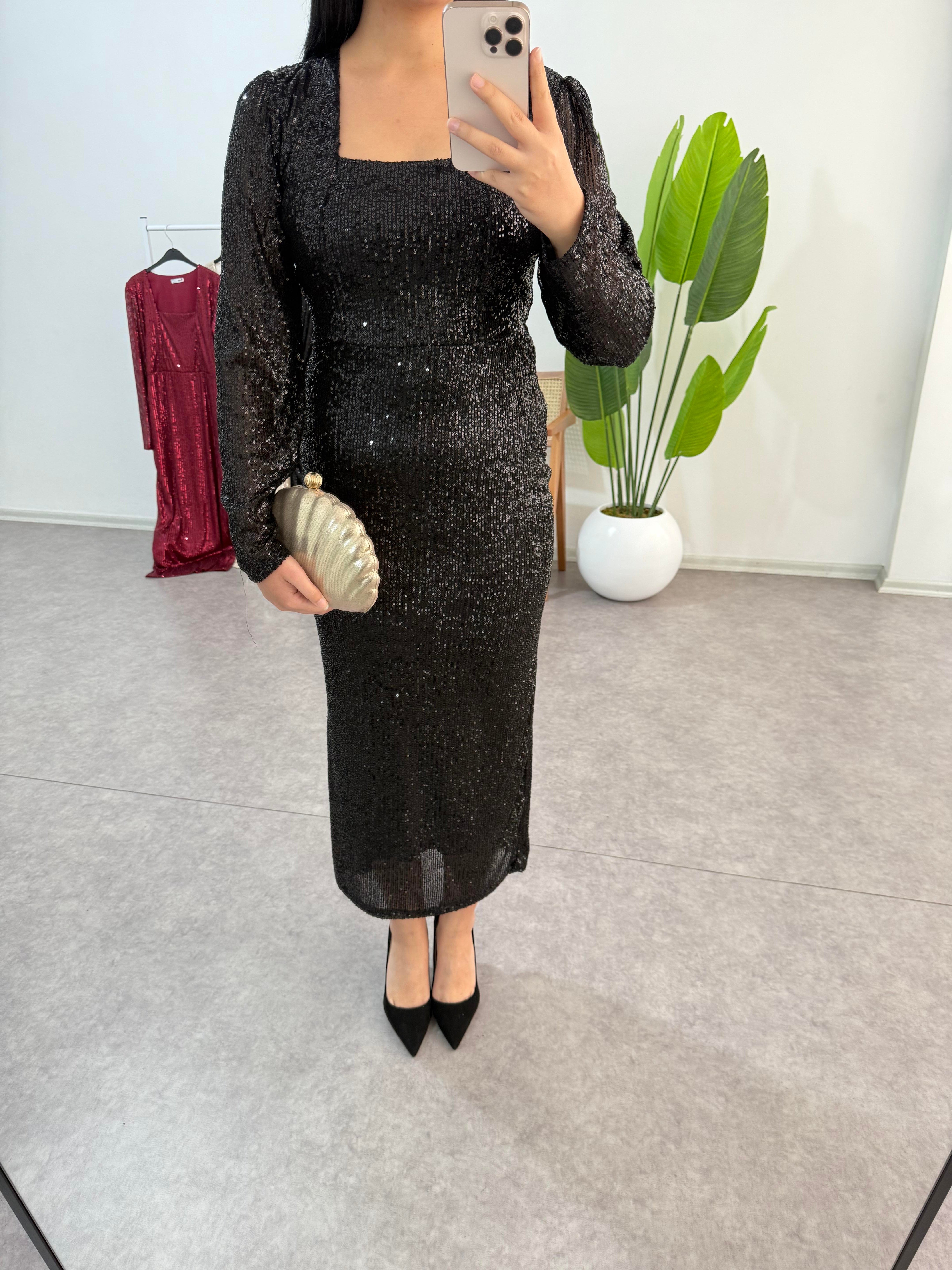 Dora Siyah Payetli Elbise