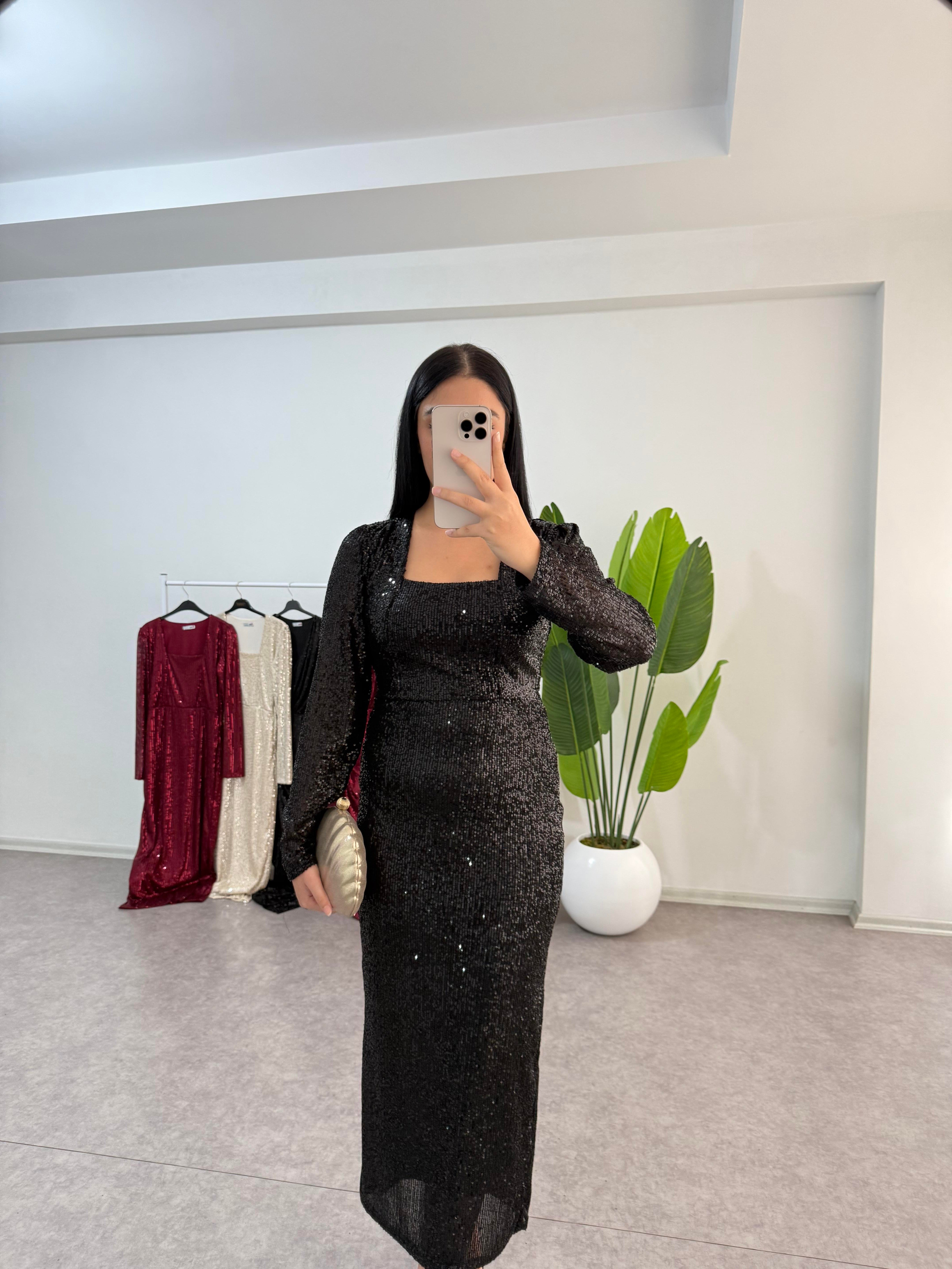 Dora Siyah Payetli Elbise