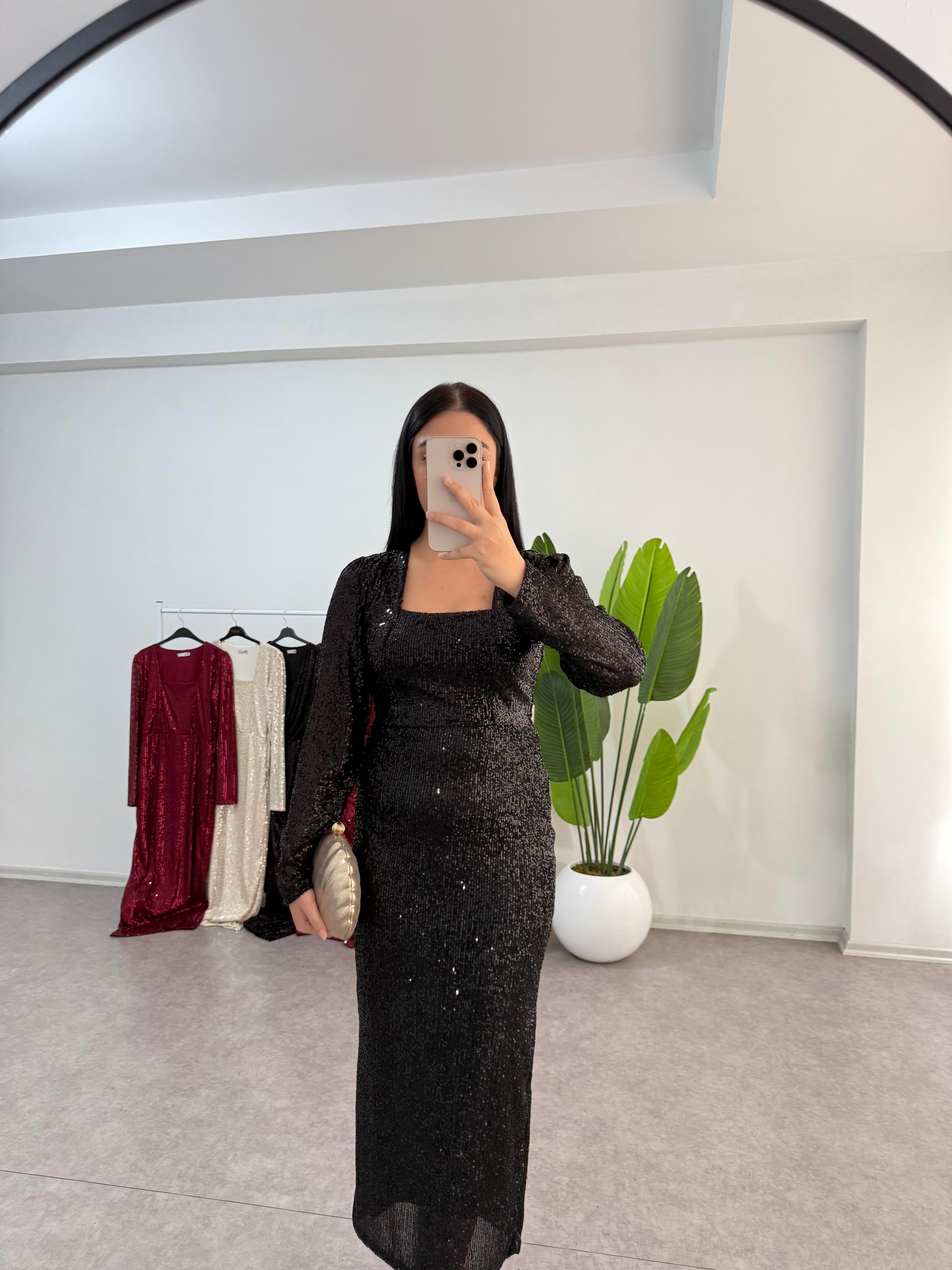 Dora Siyah Payetli Elbise