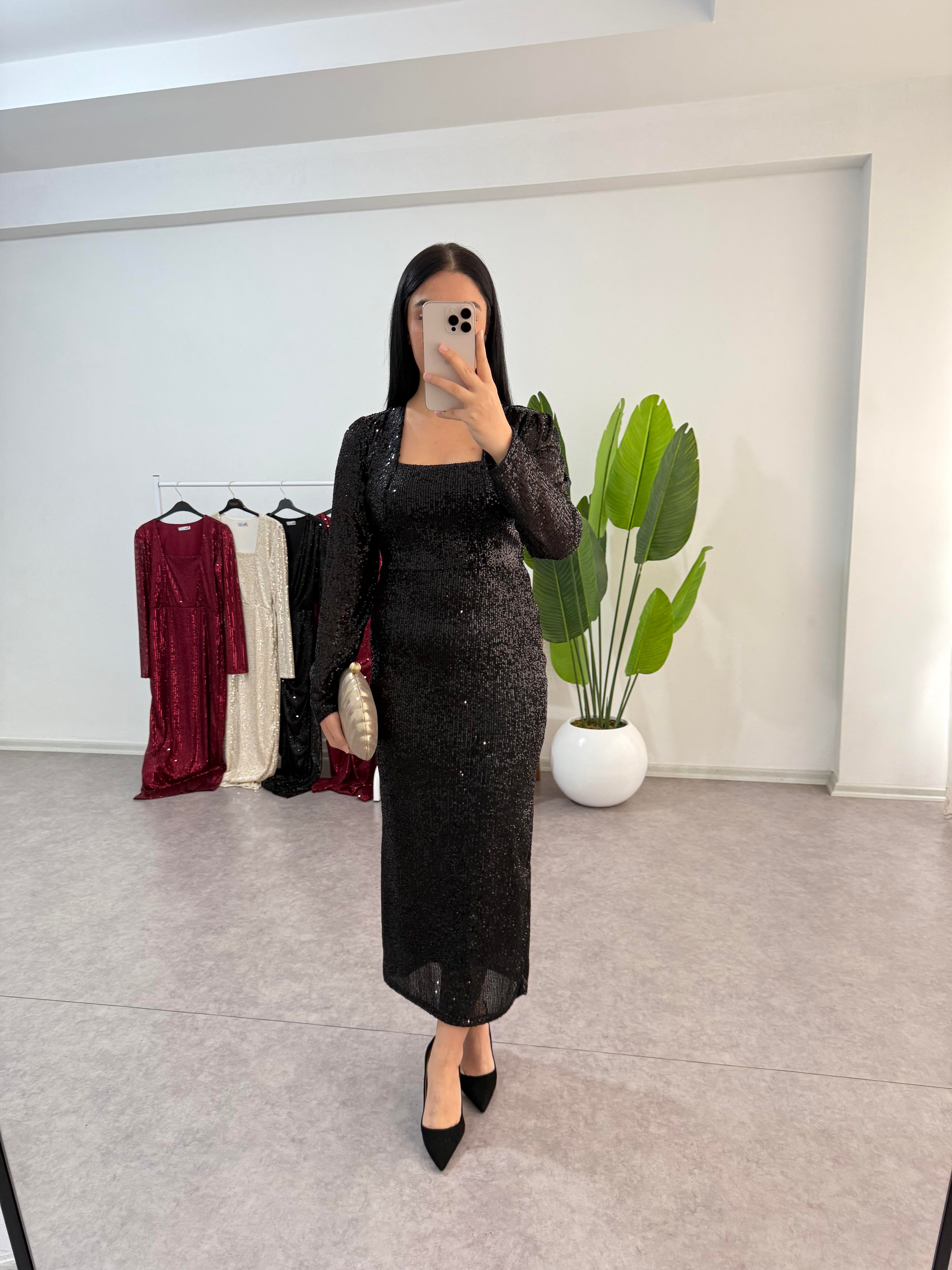 Dora Siyah Payetli Elbise