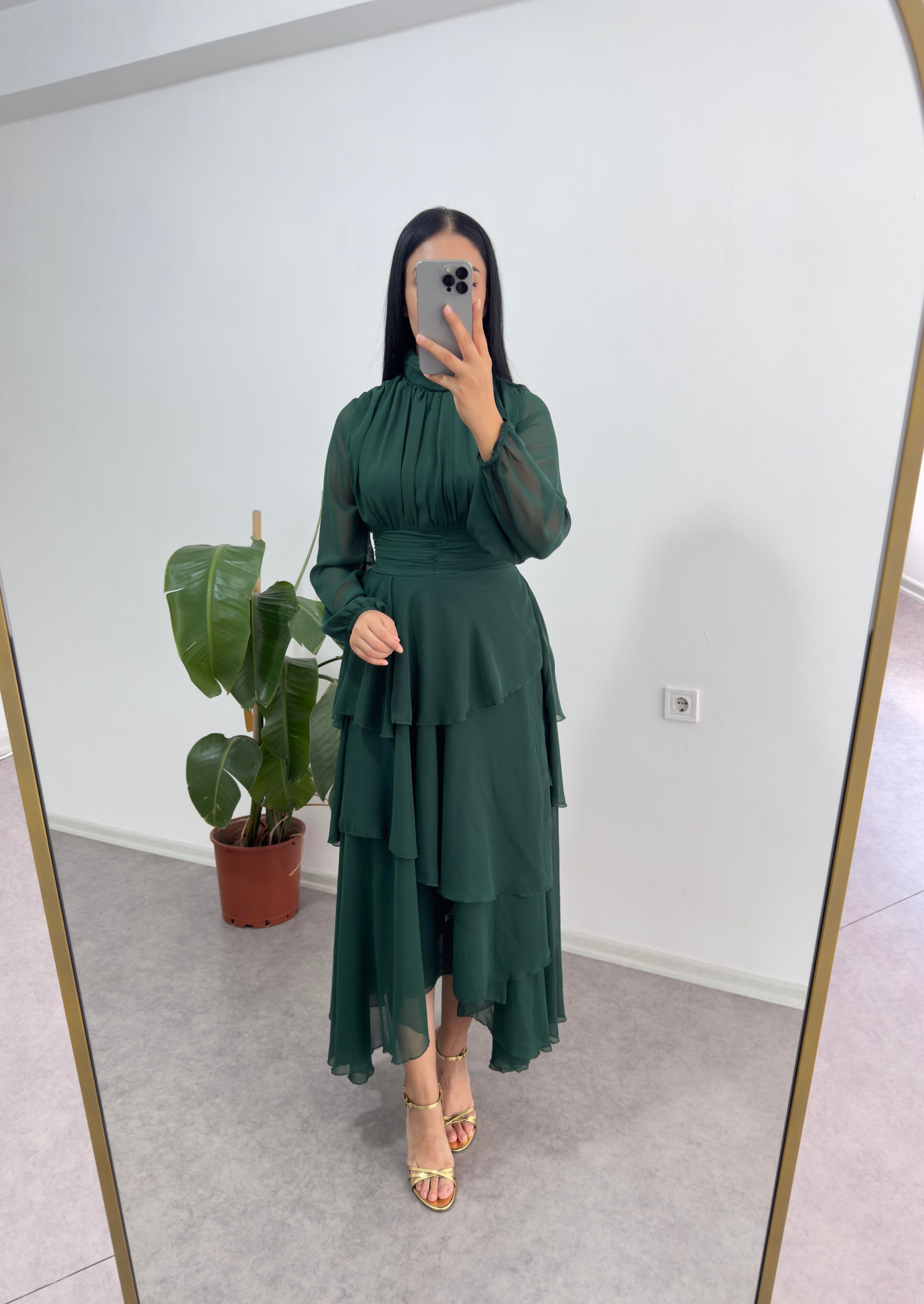 Elis Zümrüt Yeşil Katmanlı Elbise
