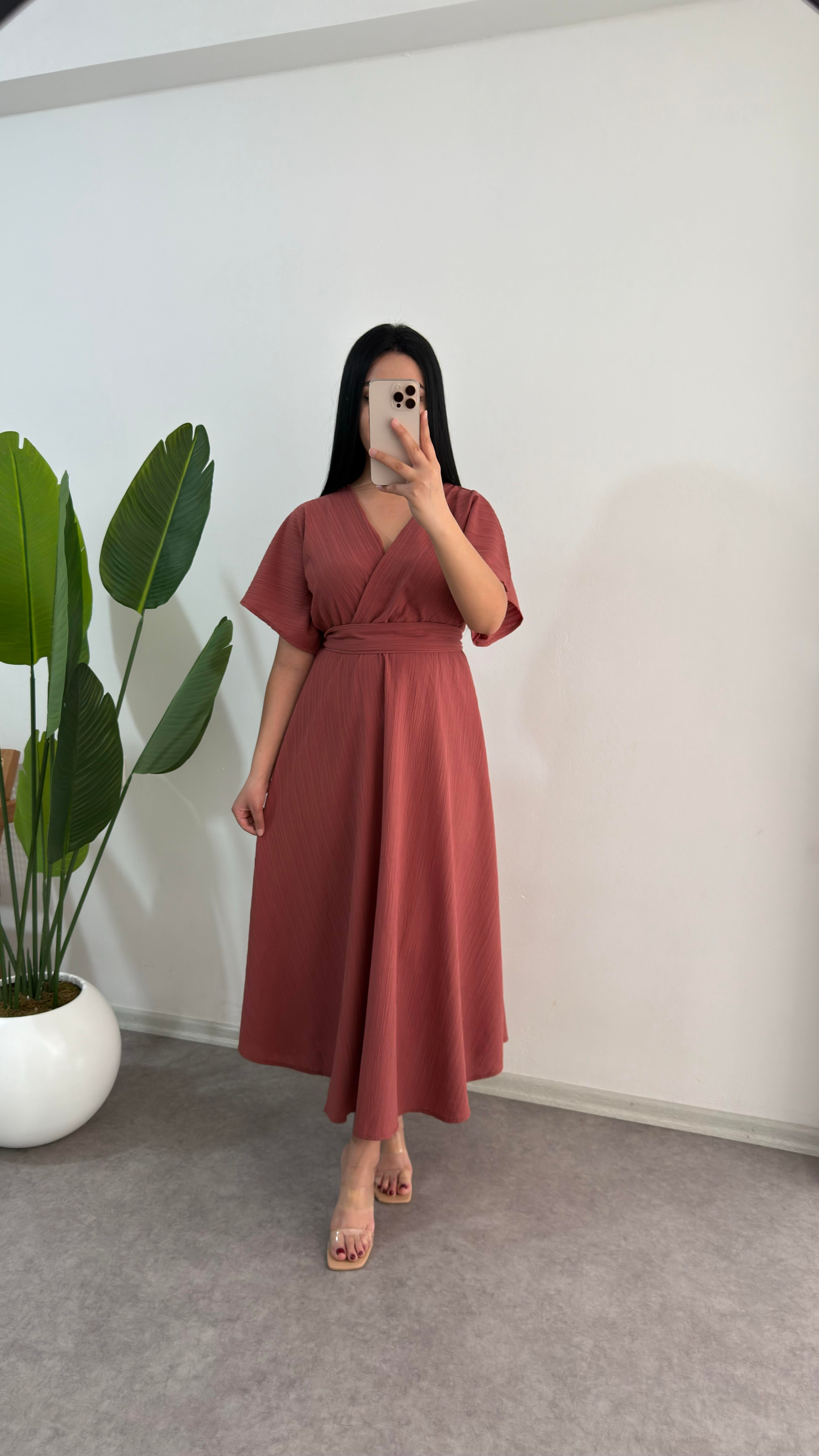 Gofre Kumaş Somon Elbise